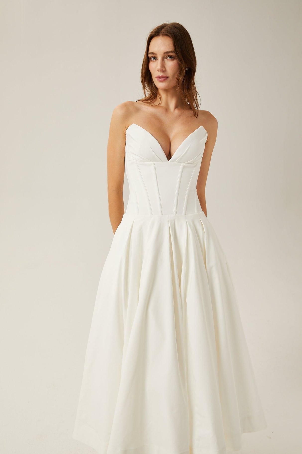 Stefania Midi Dress White Off Shoulder Corset Pleated Pockets