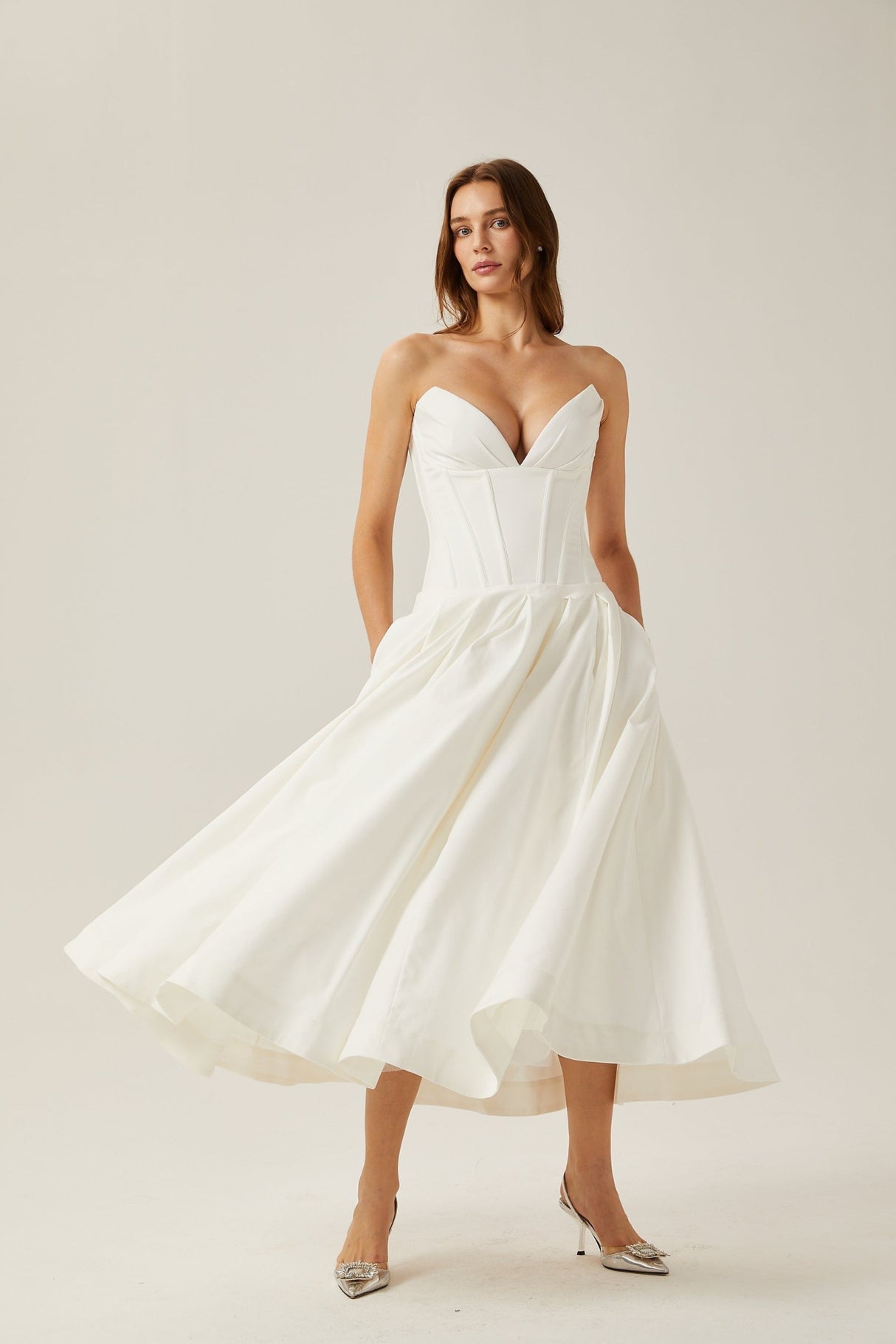 Stefania Midi Dress White Off Shoulder Corset Pleated Pockets