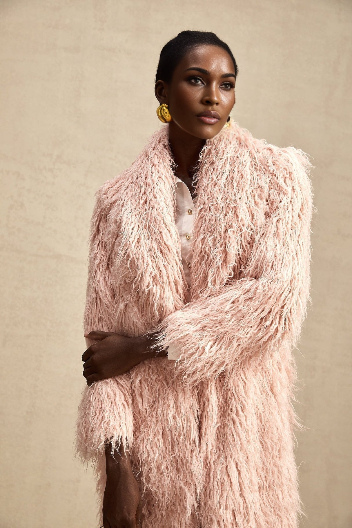 Stella Coat Stella Pink Faux Fur Open Front Midi Length Coat