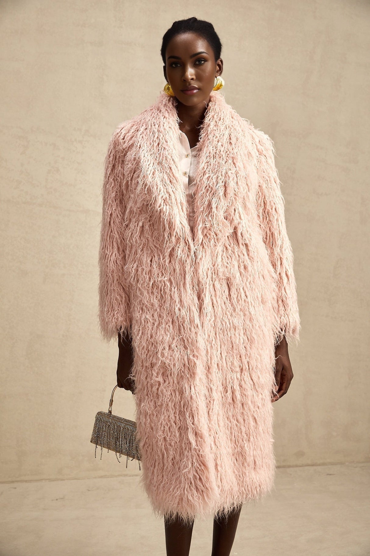 Stella Coat Stella Pink Faux Fur Open Front Midi Length Coat