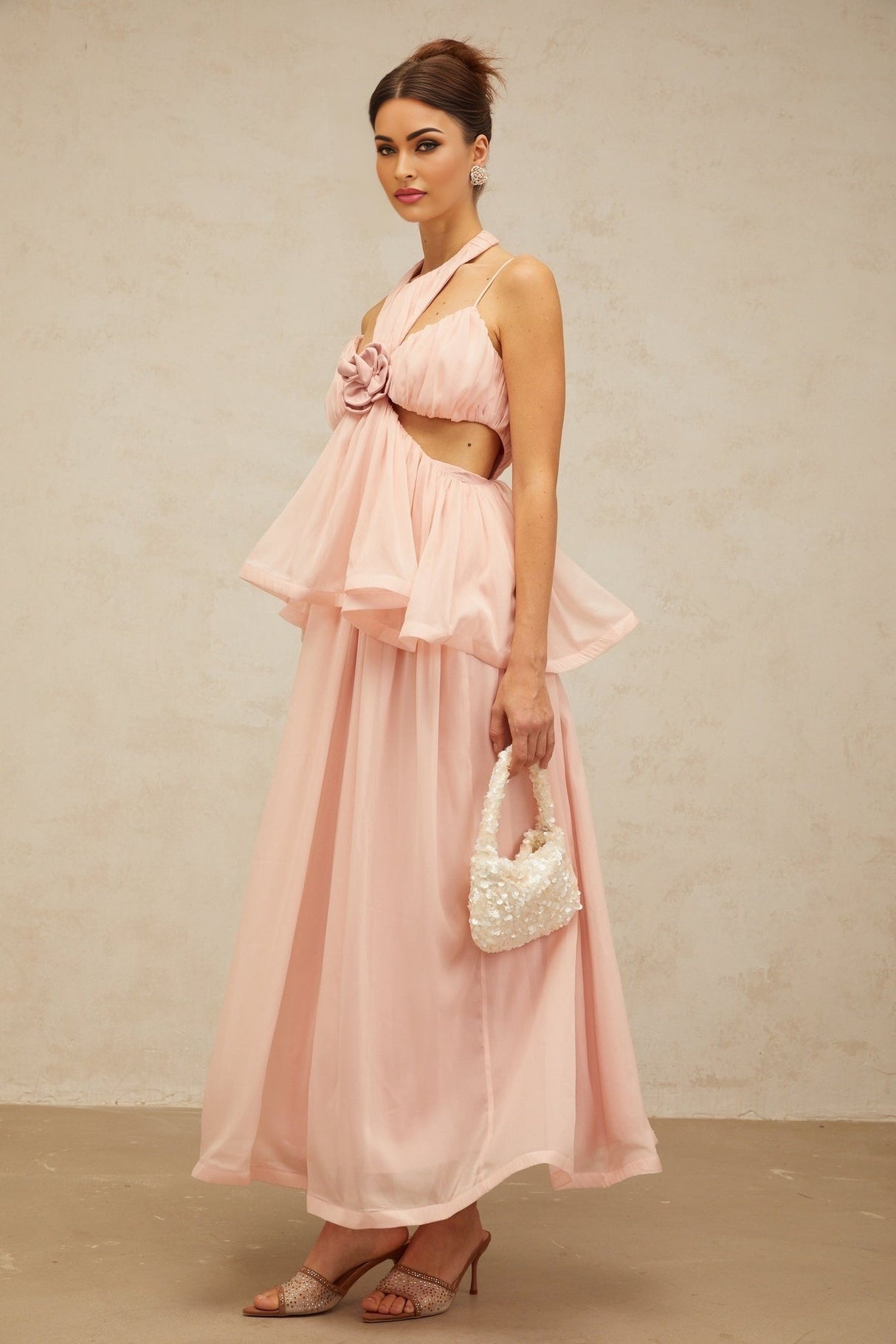 Stella Floral Maxi Dress in Pink with Halterneck Design and Cut - out Detailing