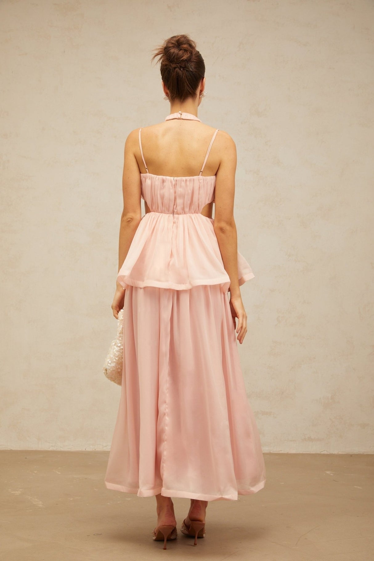 Stella Floral Maxi Dress in Pink with Halterneck Design and Cut - out Detailing