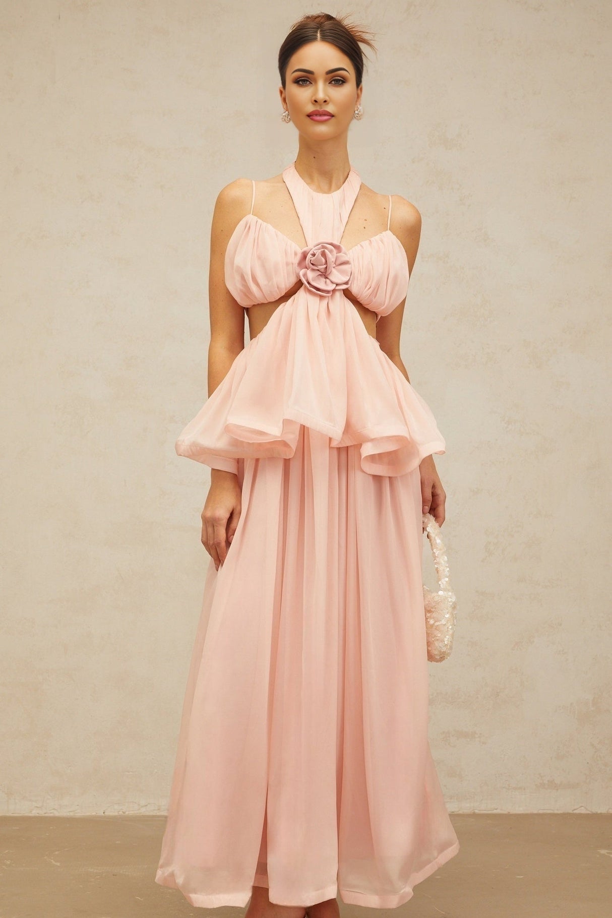 Stella Floral Maxi Dress in Pink with Halterneck Design and Cut - out Detailing