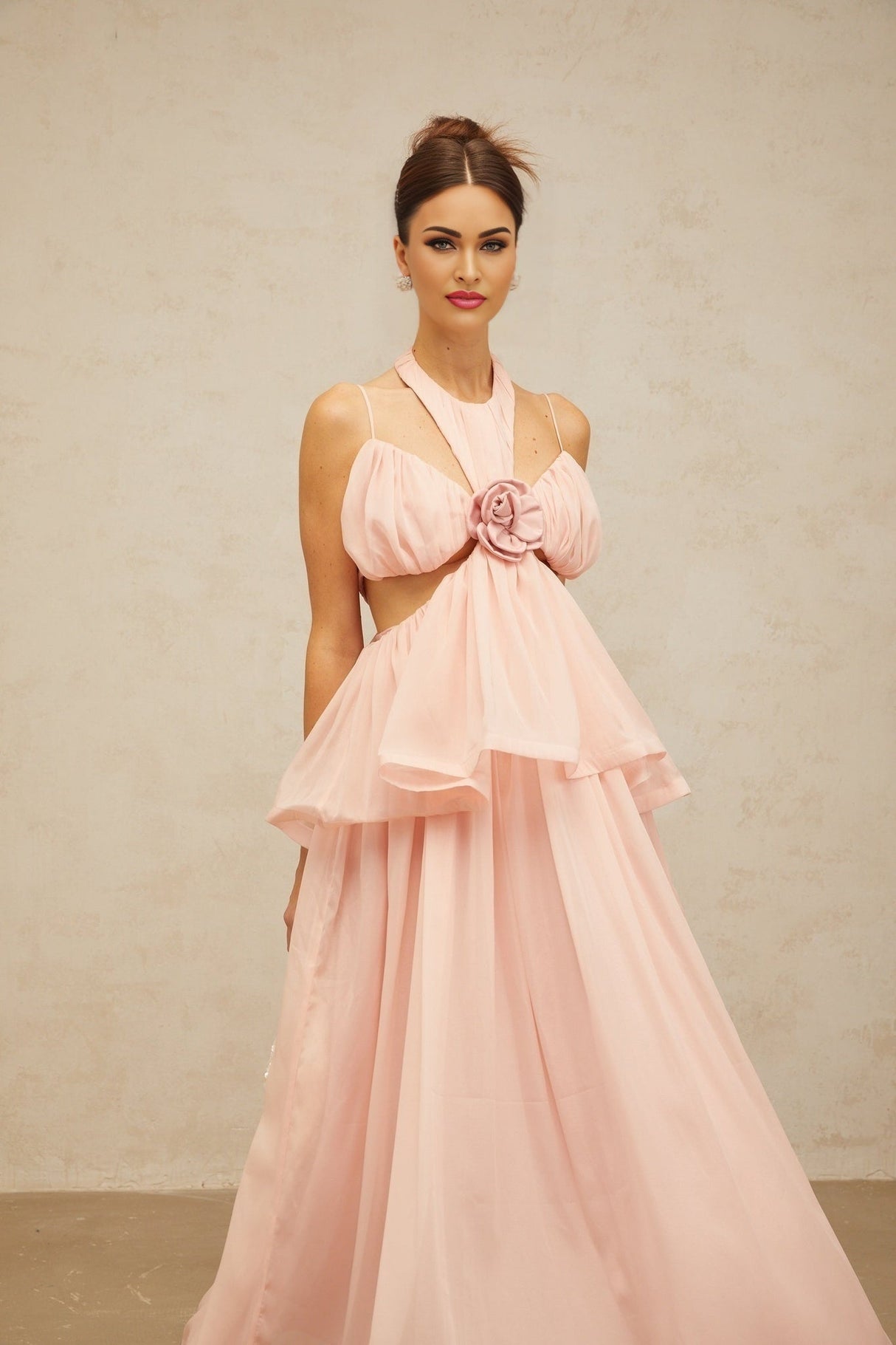 Stella Floral Maxi Dress in Pink with Halterneck Design and Cut - out Detailing