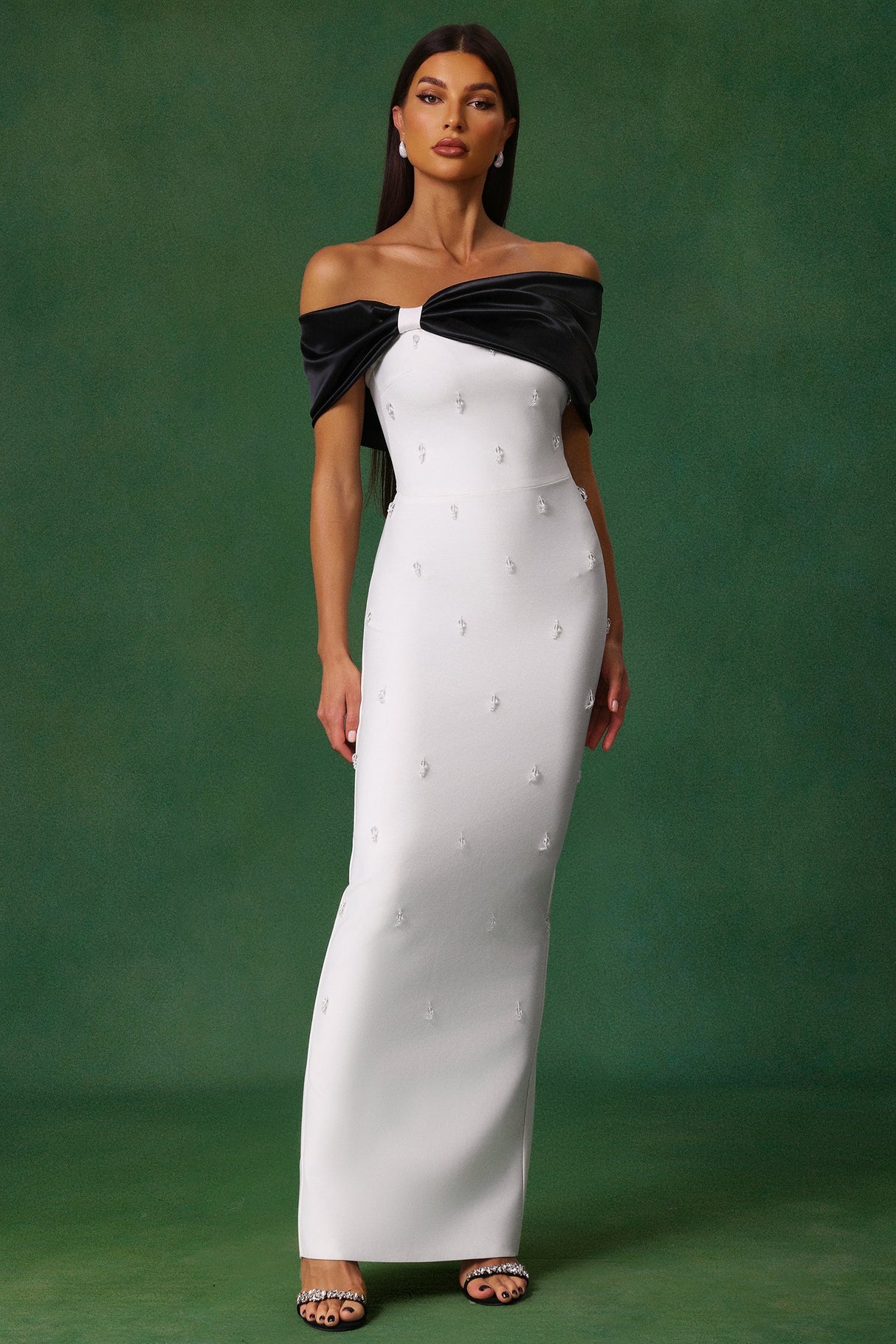 Stella white off-the-shoulder diamond bow detail maxi dress
