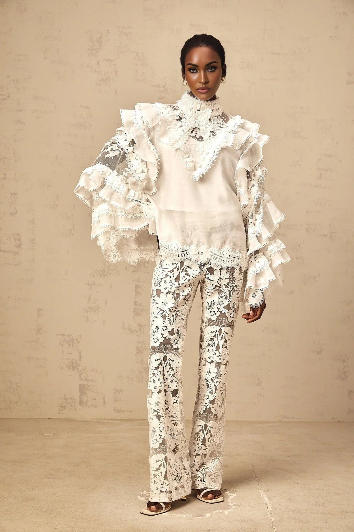 Summer Blouse with Lace Details and Ruffled Sleeves in White