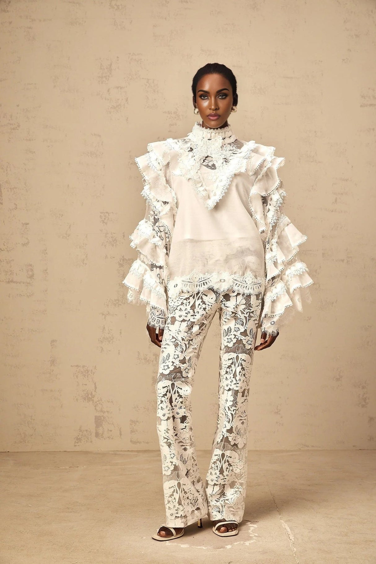 Summer Blouse with Lace Details and Ruffled Sleeves in White