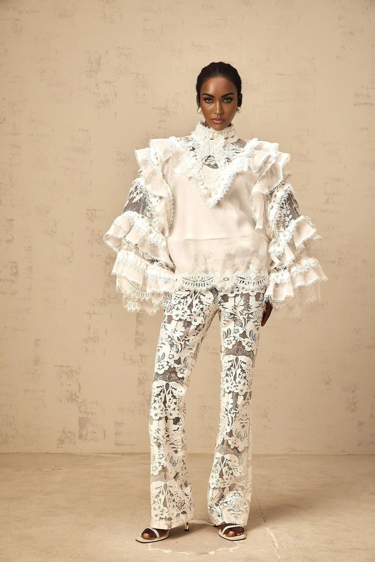 Summer Blouse with Lace Details and Ruffled Sleeves in White