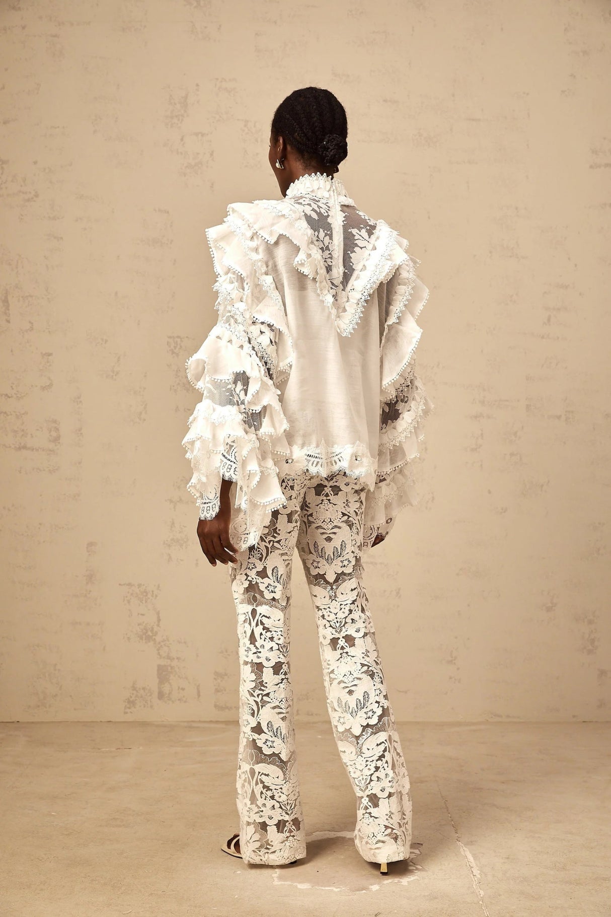 Summer Blouse with Lace Details and Ruffled Sleeves in White