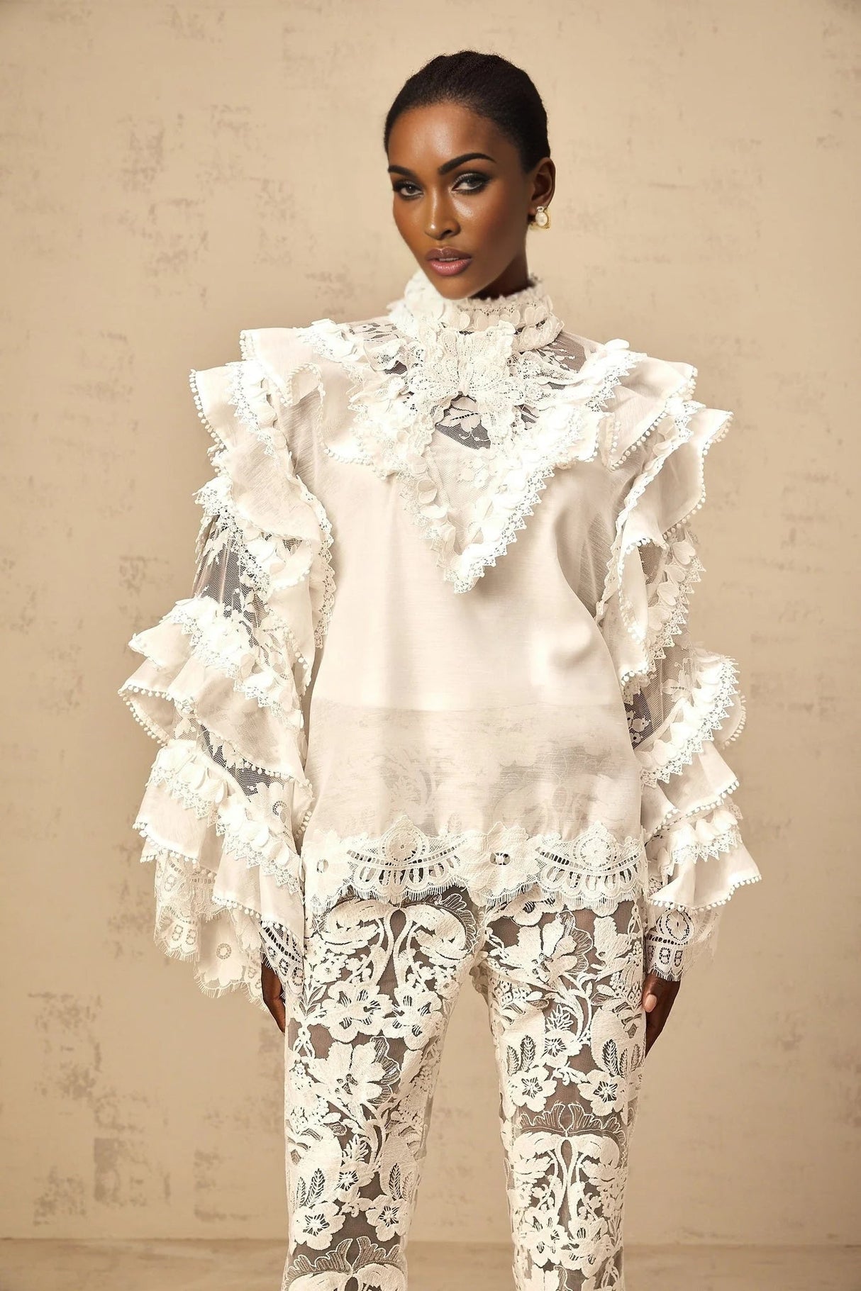 Summer Blouse with Lace Details and Ruffled Sleeves in White