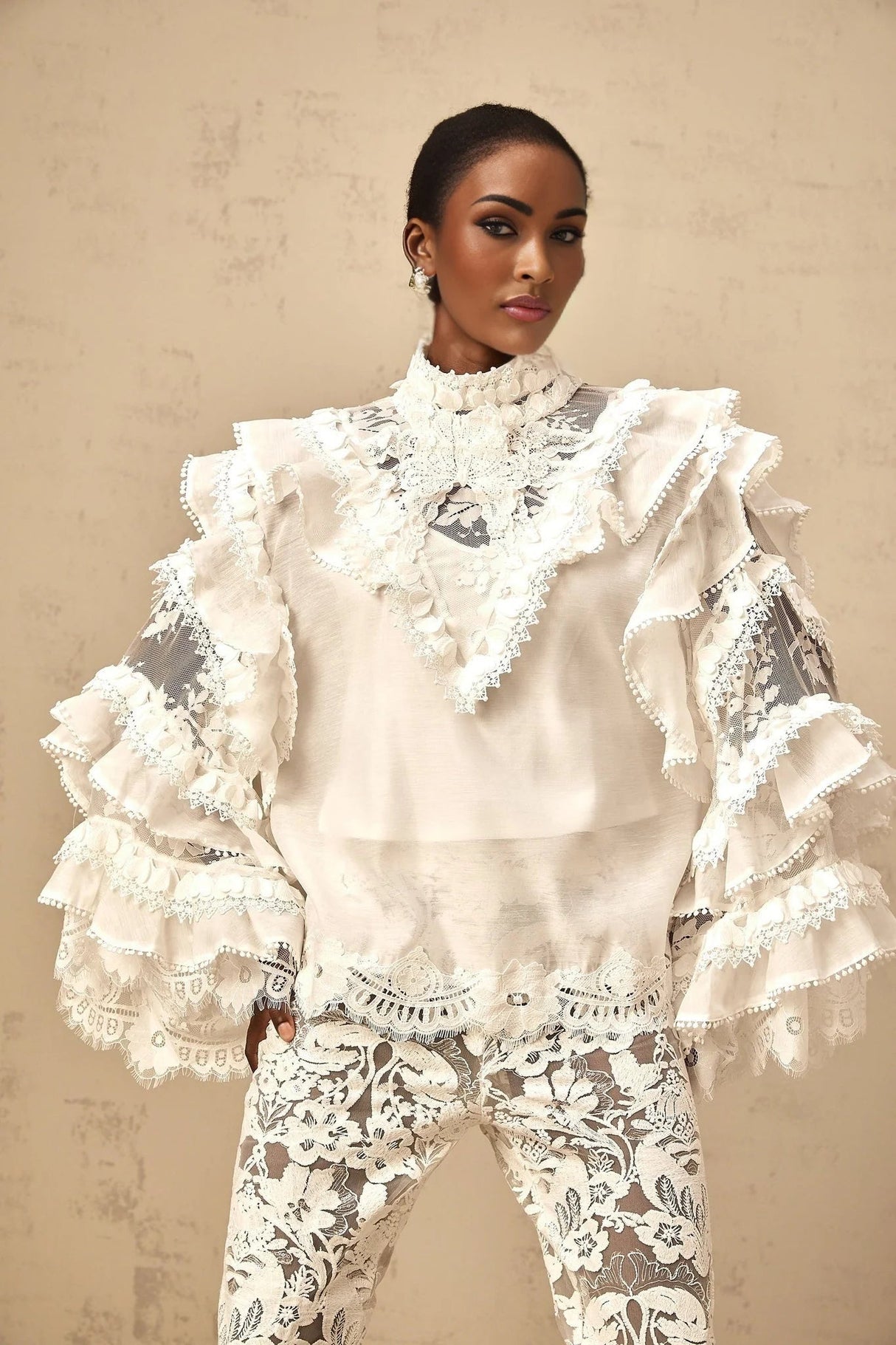 Summer Blouse with Lace Details and Ruffled Sleeves in White