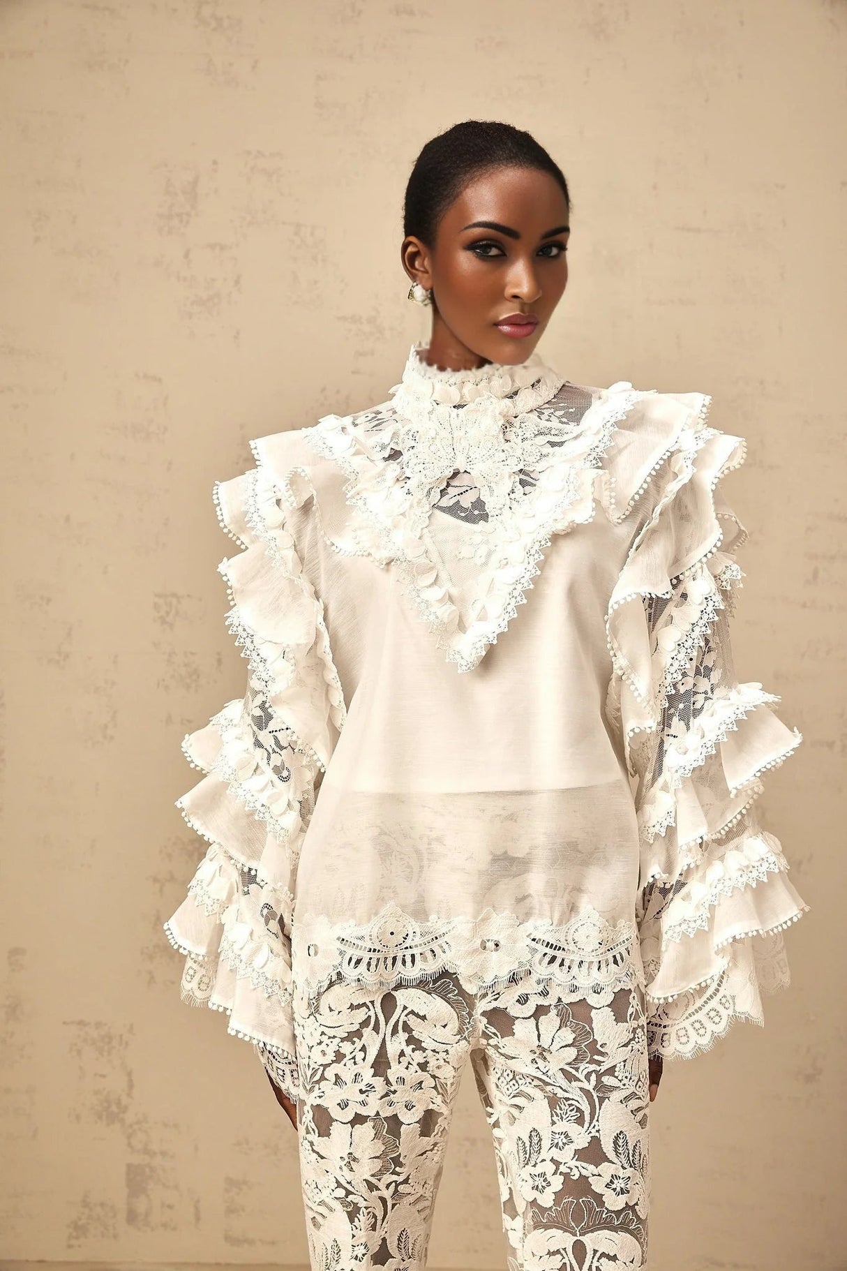 Summer Blouse with Lace Details and Ruffled Sleeves in White