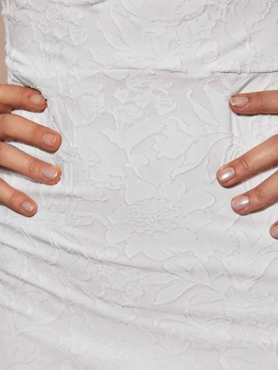 Summer Maxi Dress - Slim Fit - Backless, Draped, Split Thigh - Medium Stretch Elasticity - Halter Neckline - Sleeveless - Pencil Hem Shape