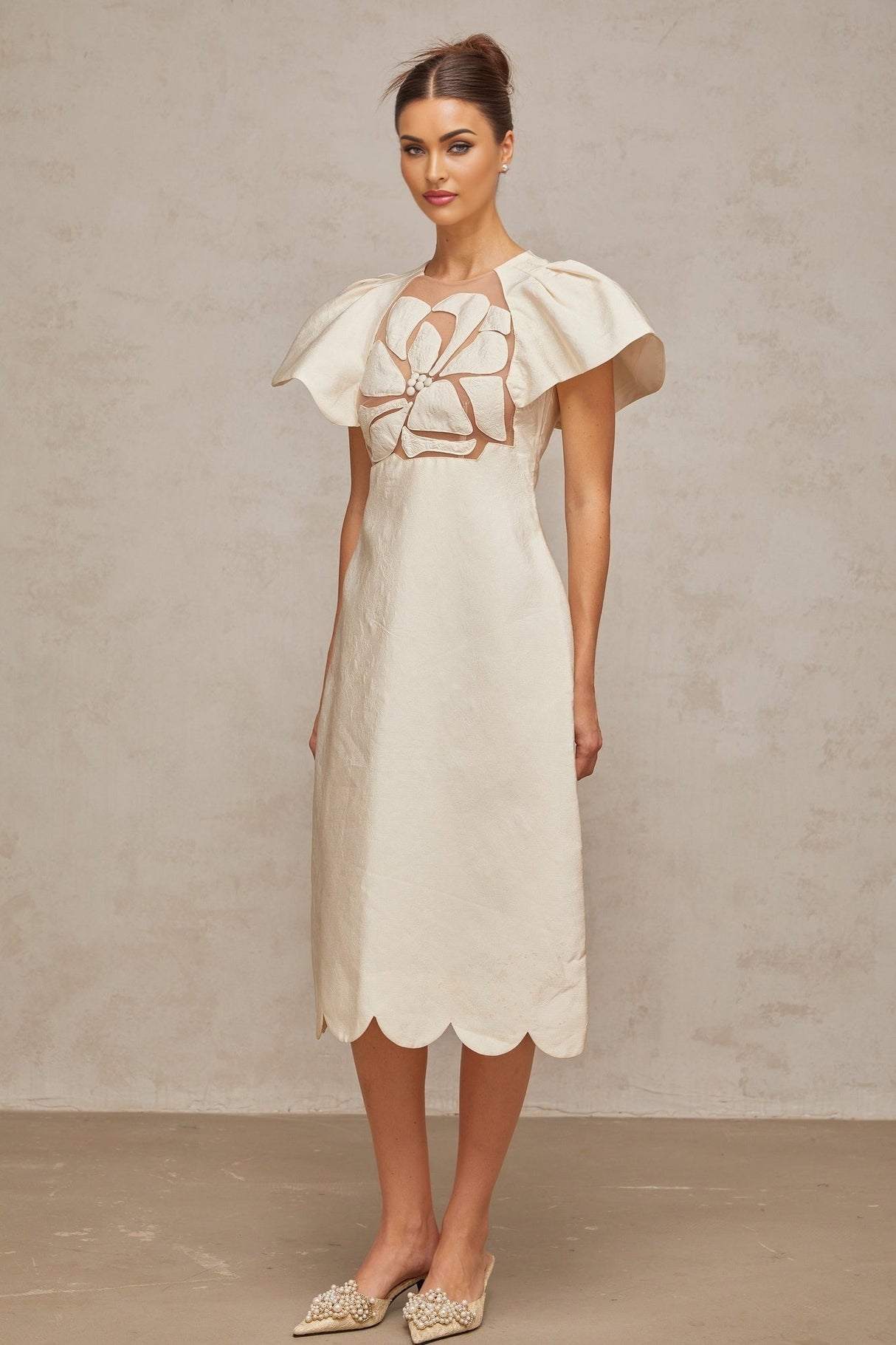 Summer Midi Dress White Jacquard Flutter Sleeve Tulle Floral Panel Zip Calf Length