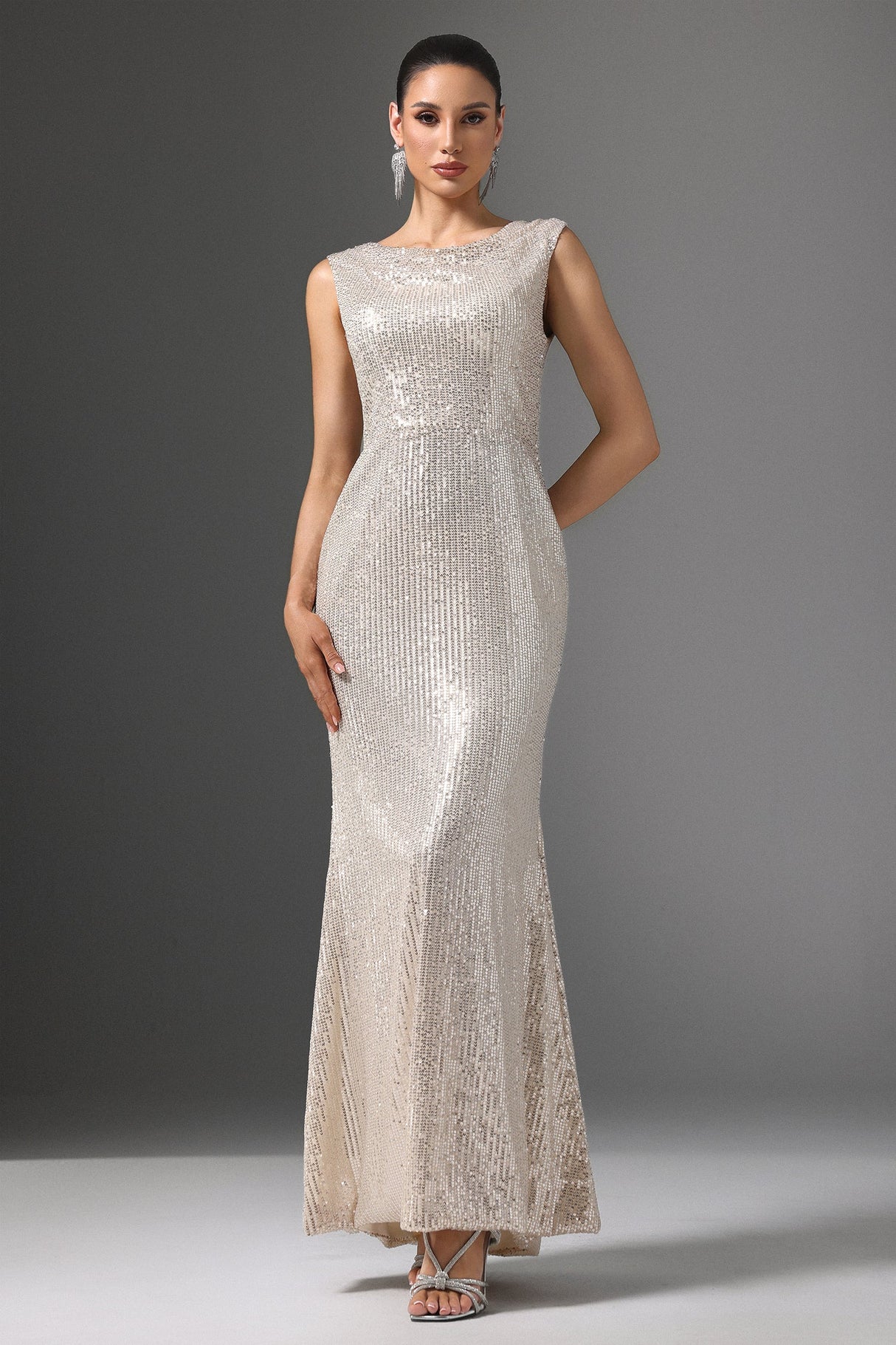 Sydney Beige Sequin Cowl Collar Maxi Dress