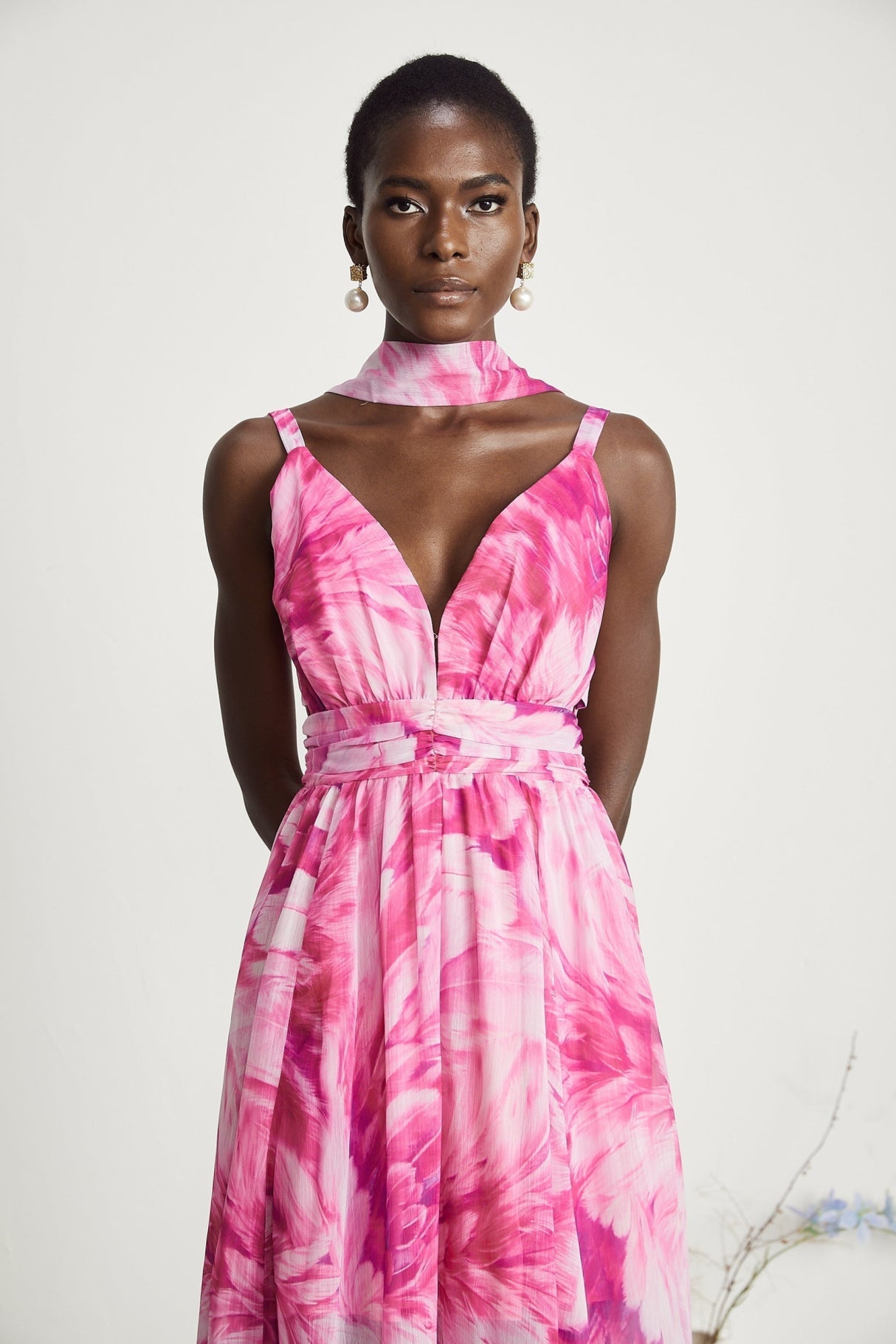Sydney Floral Maxi Dress in Pink with V - Neckline