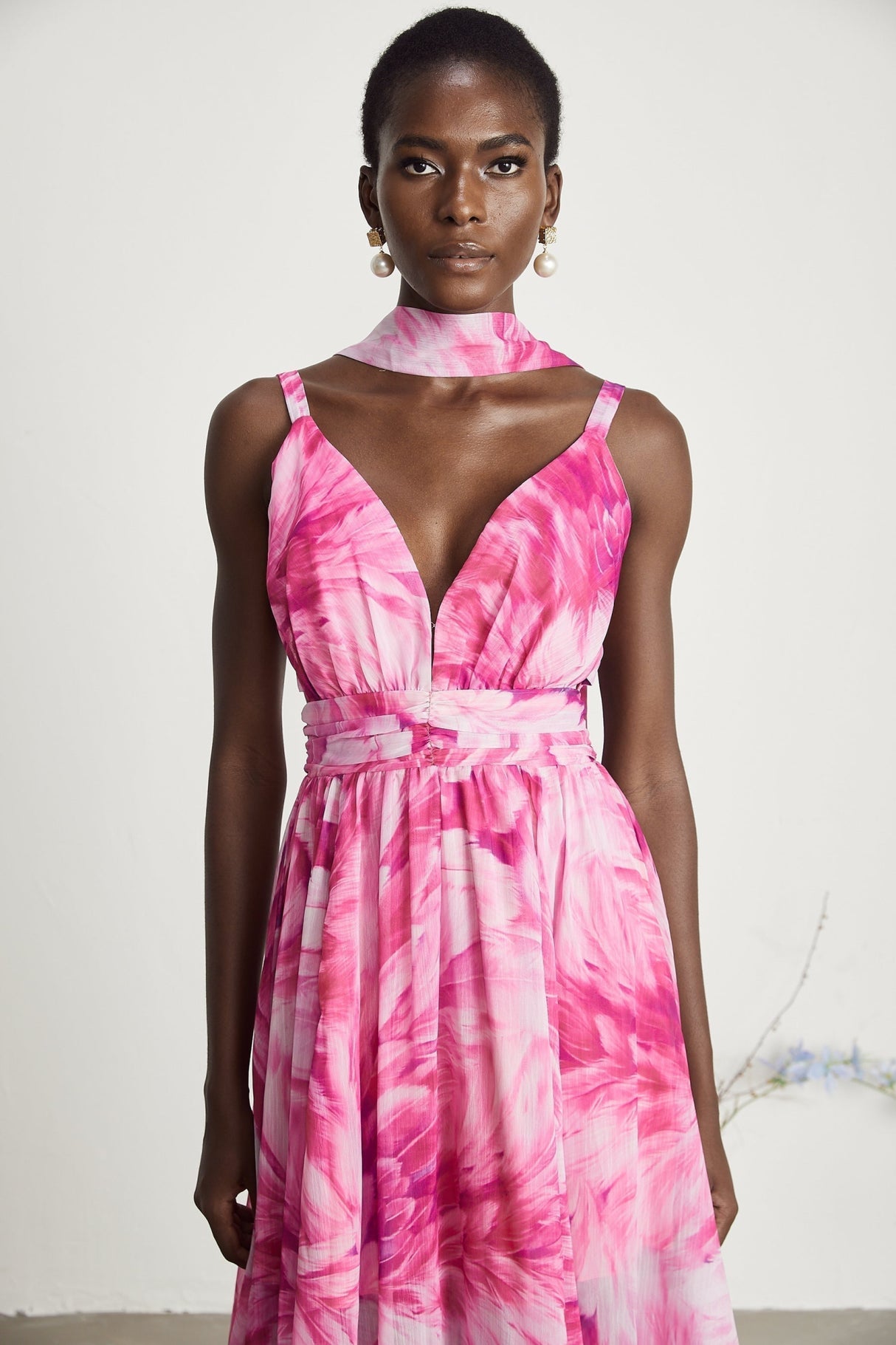 Sydney Floral Maxi Dress in Pink with V - Neckline