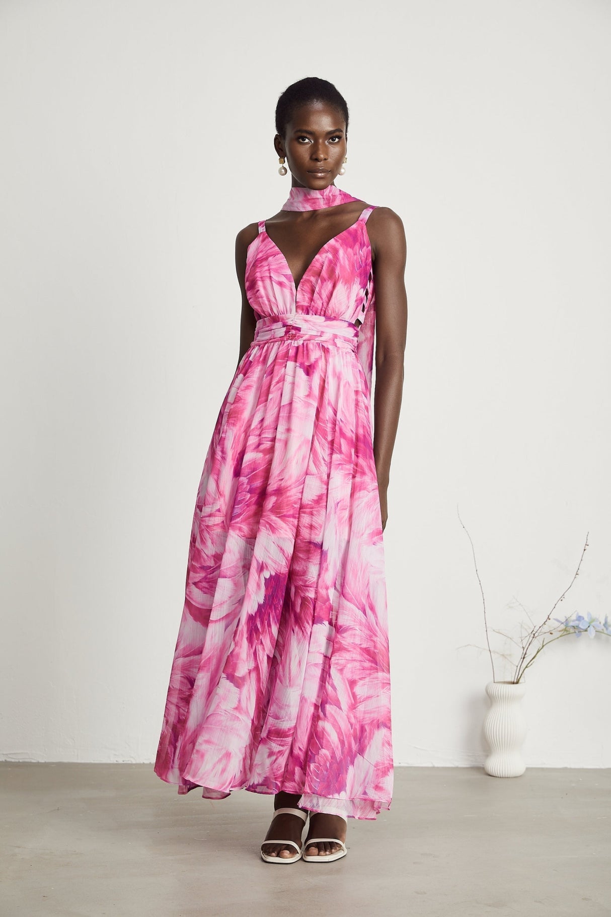 Sydney Floral Maxi Dress in Pink with V - Neckline