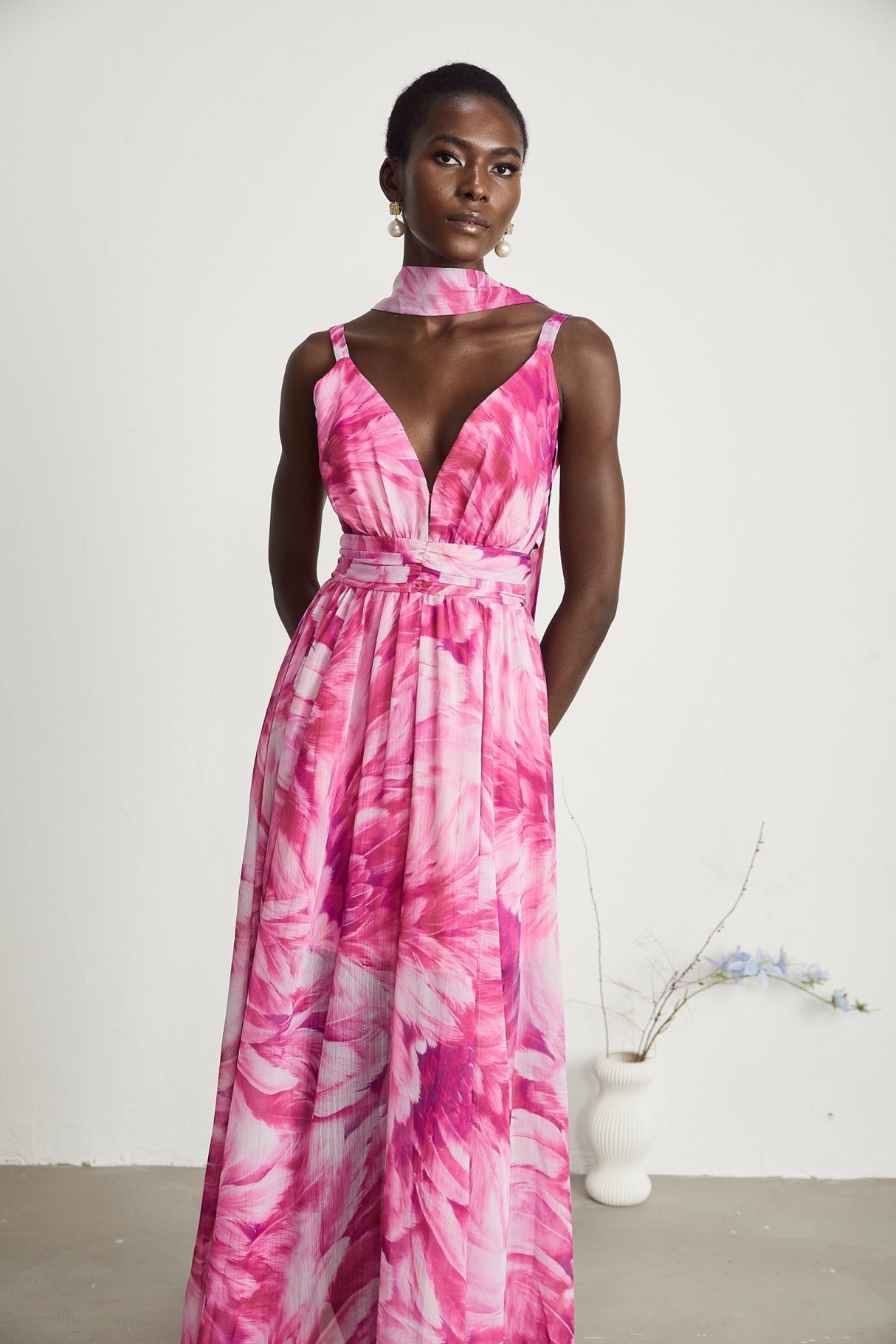 Sydney Floral Maxi Dress in Pink with V - Neckline