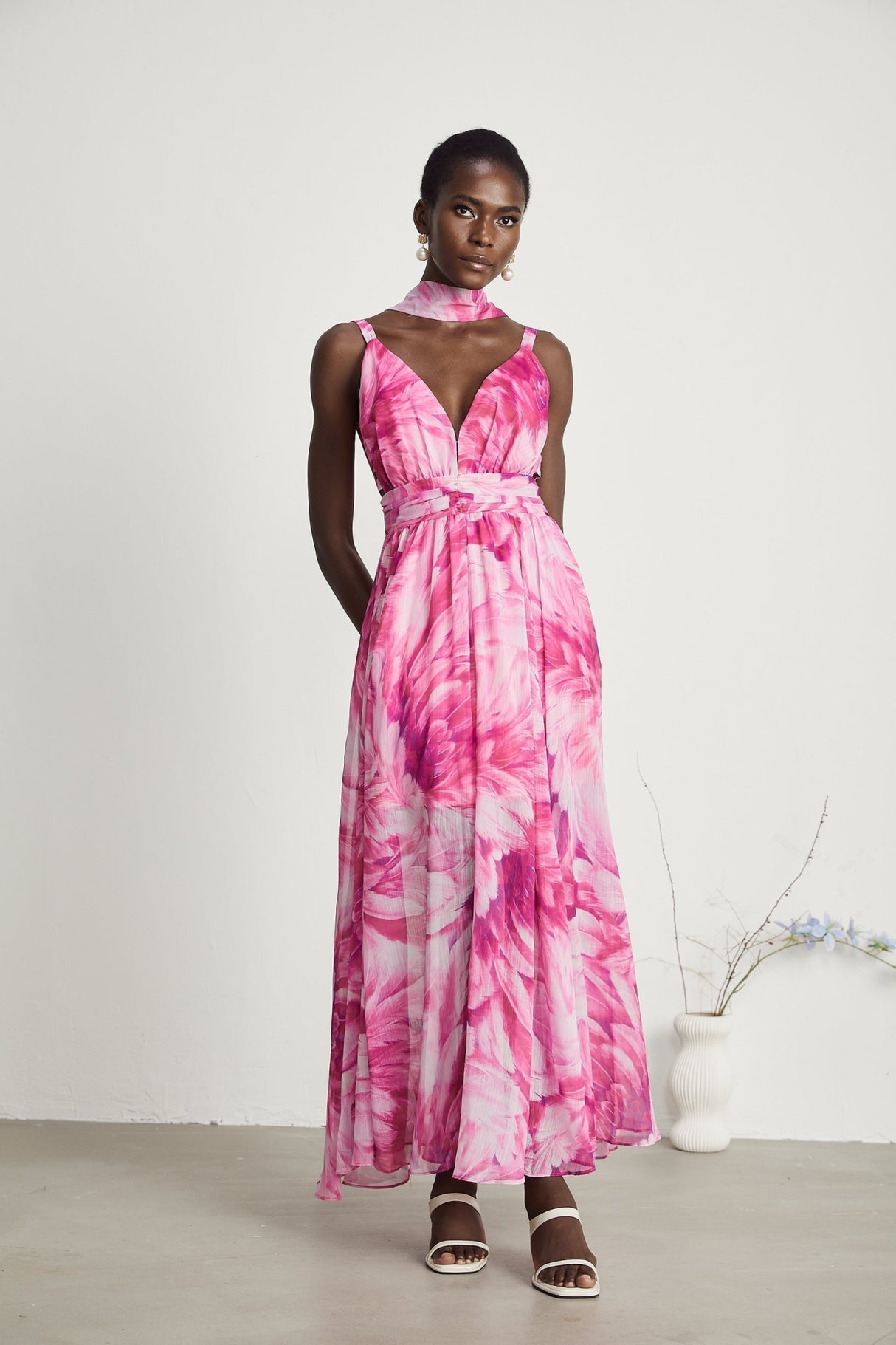 Sydney Floral Maxi Dress in Pink with V - Neckline