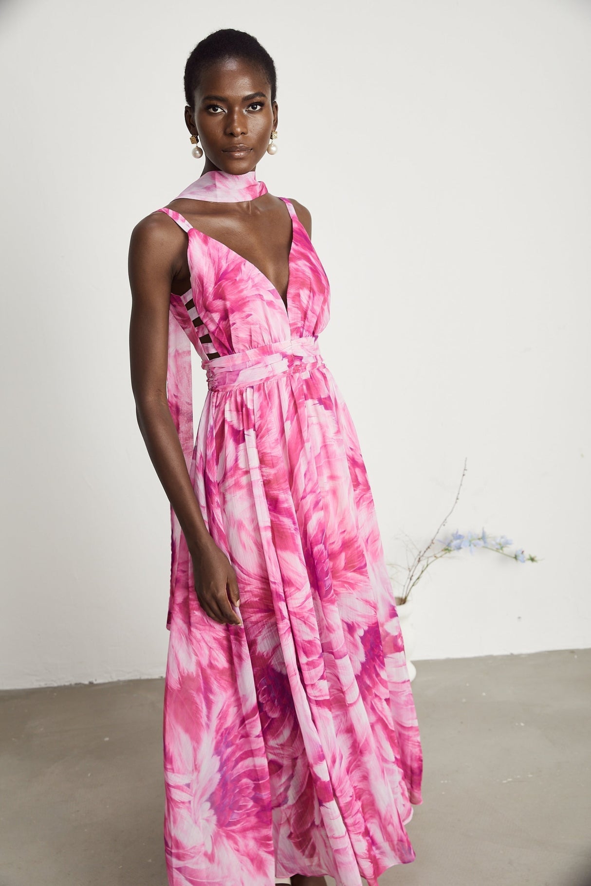 Sydney Floral Maxi Dress in Pink with V - Neckline