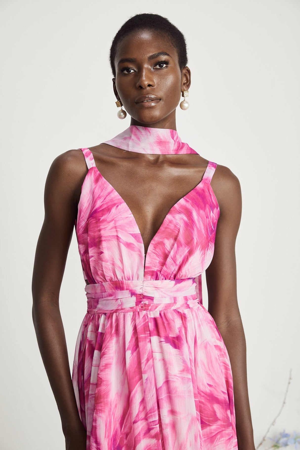 Sydney Floral Maxi Dress in Pink with V - Neckline