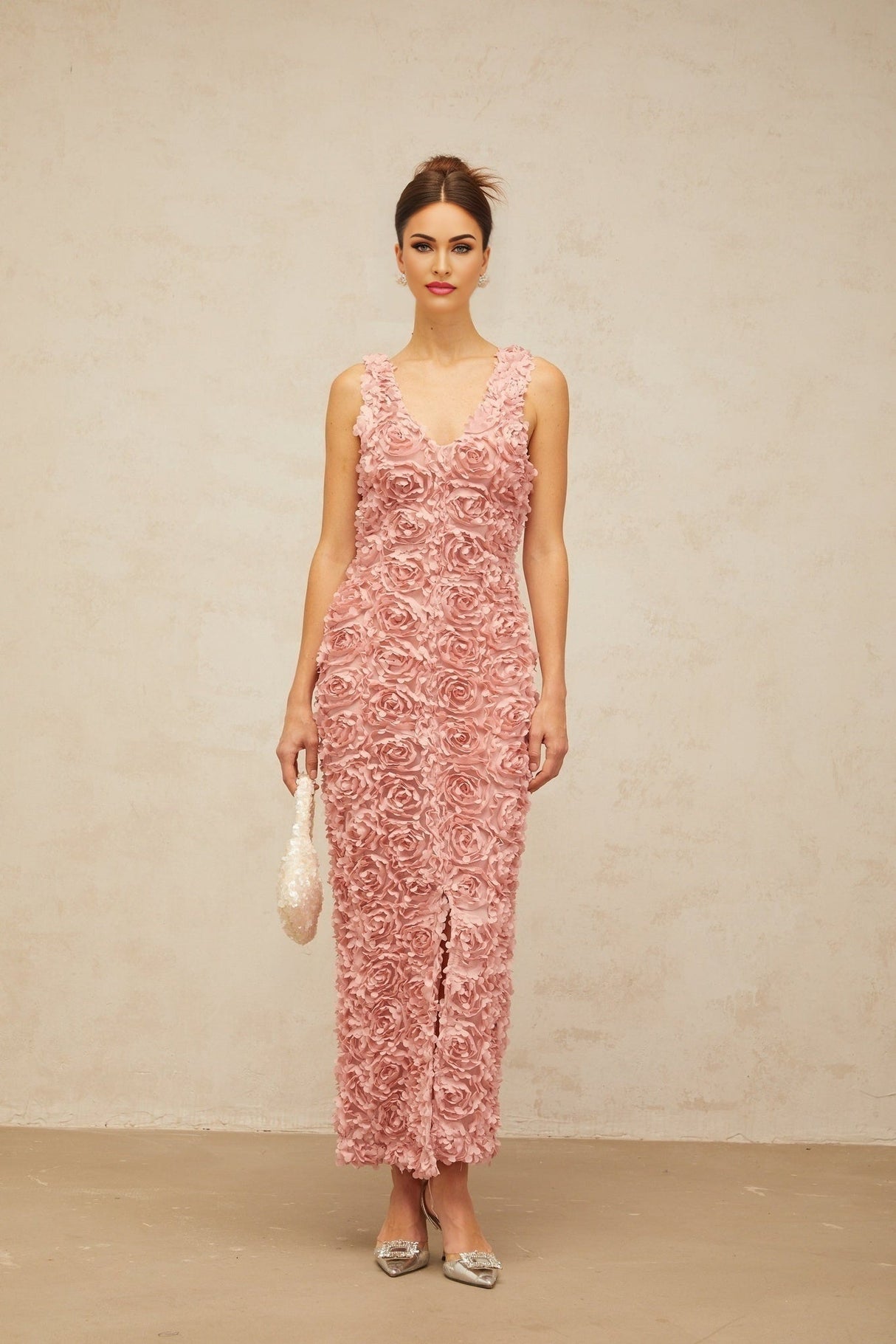 Sydney Maxi Dress in Charming Pink with Faux - Flower Detail