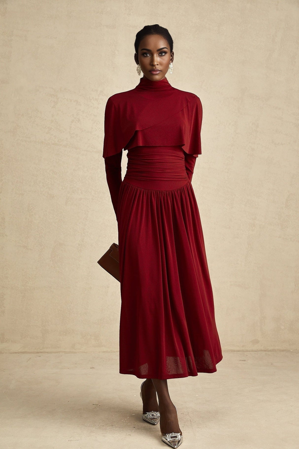 Sydney Midi Dress Red Flap Ruched Detail Long Sleeve Lined Skirt