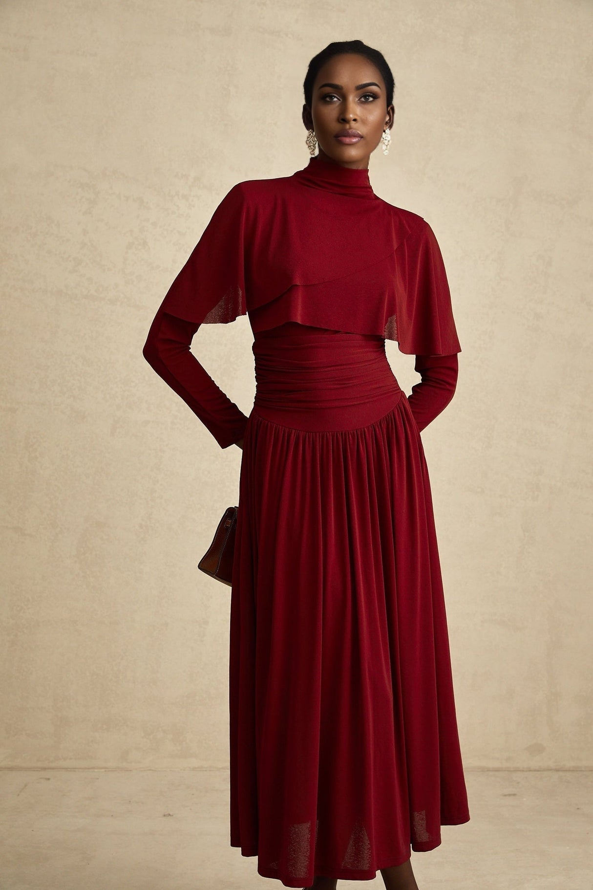 Sydney Midi Dress Red Flap Ruched Detail Long Sleeve Lined Skirt