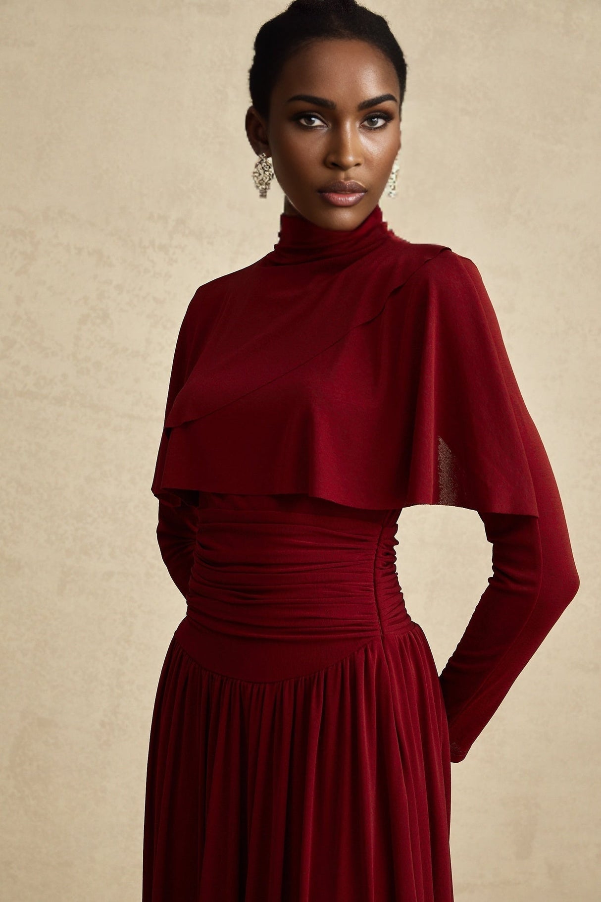 Sydney Midi Dress Red Flap Ruched Detail Long Sleeve Lined Skirt