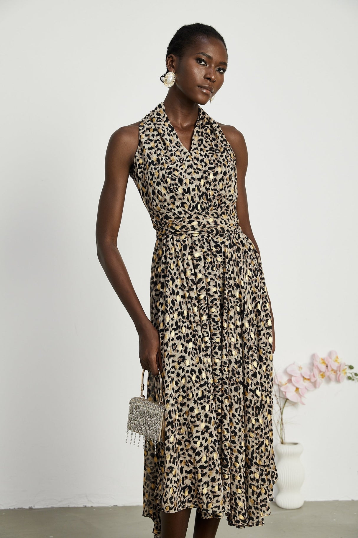 Sydney Midi Dress Yellow Leopard Print Cinched Waist