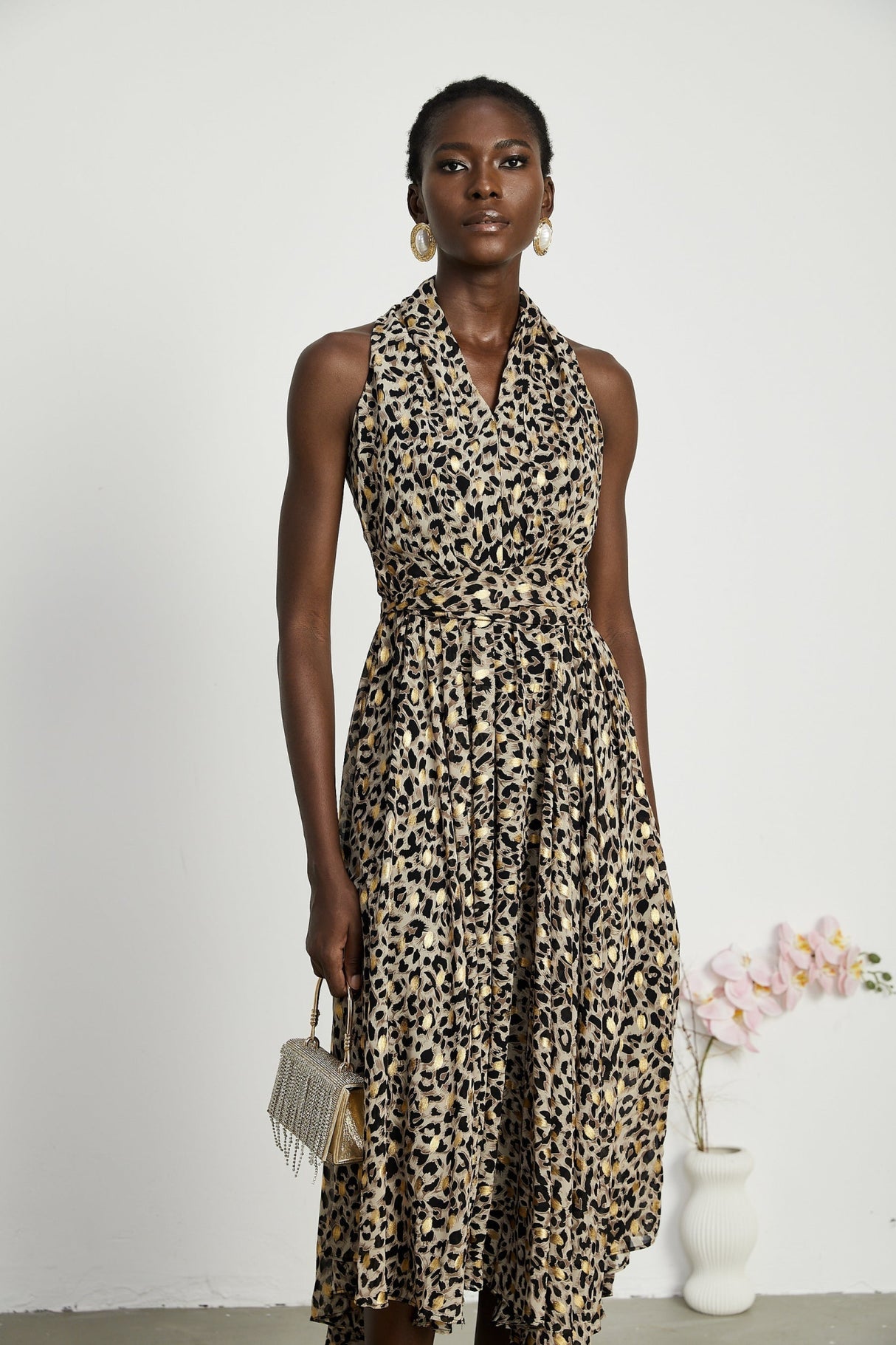 Sydney Midi Dress Yellow Leopard Print Cinched Waist