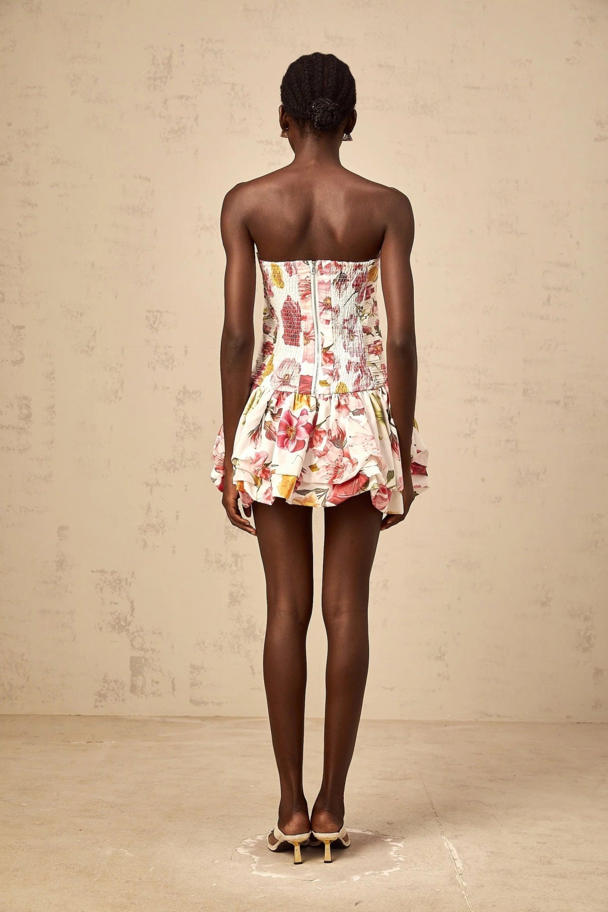 Sydney Mini Dress Pink Floral Smocked Bubble Skirt & Zip Fastening