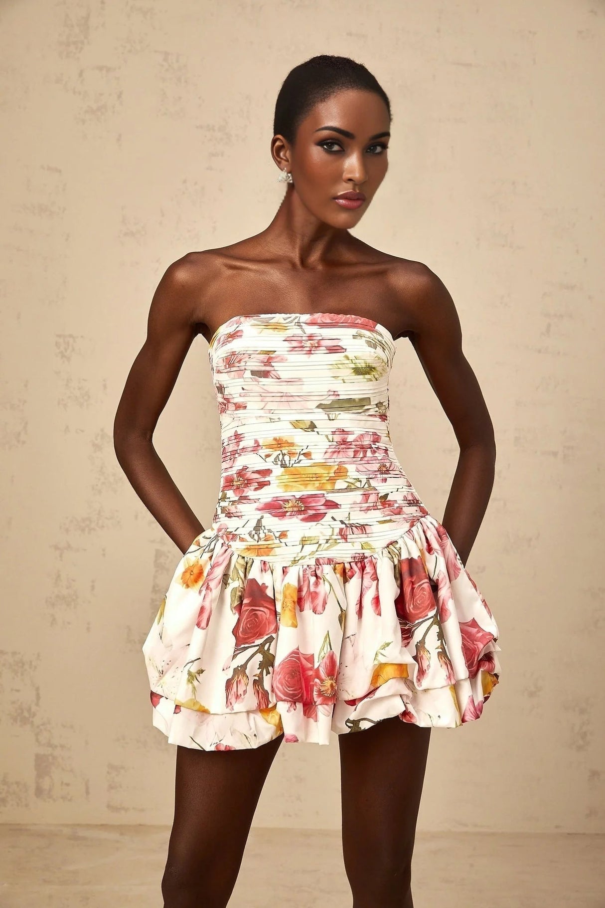 Sydney Mini Dress Pink Floral Smocked Bubble Skirt & Zip Fastening