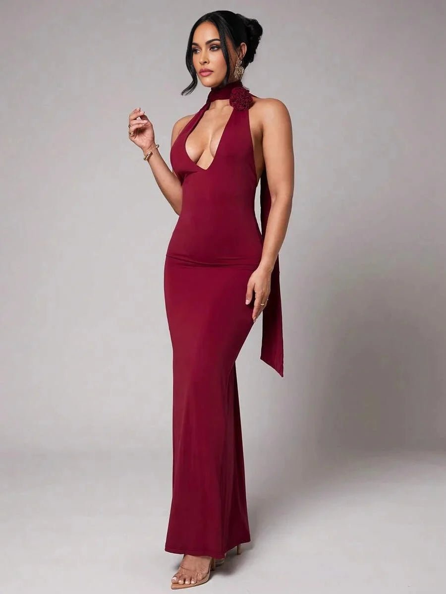 Taliyah Maxi Dress - Halter Neckline - Mermaid Hem - Bodycon Fit - Backless Zipper