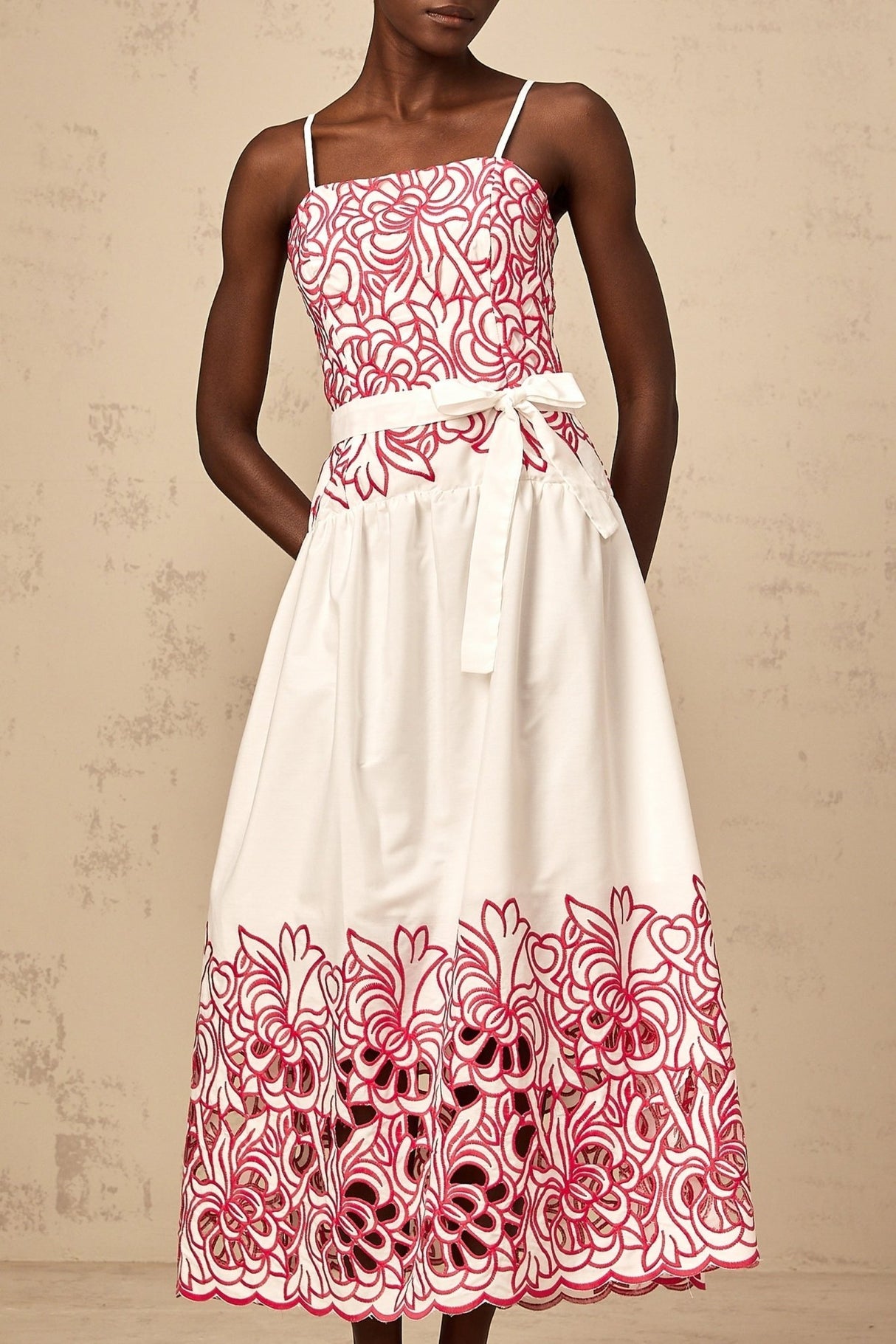 Taliyah Midi Dress in Pink & White - Cut - out Design with Floral Embroidery