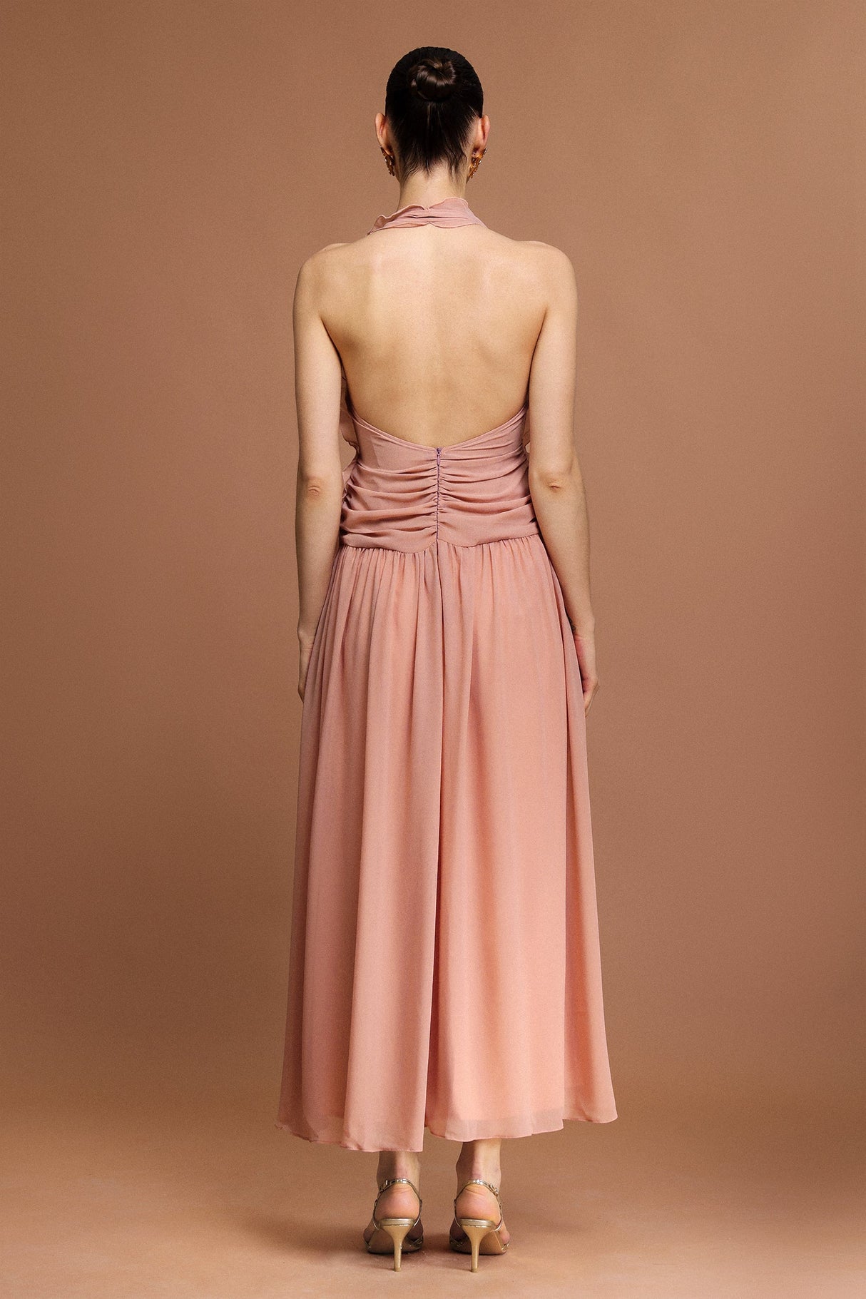 Taliyah Peach Fit and Flare Ruffle Detail Sleeveless Dress