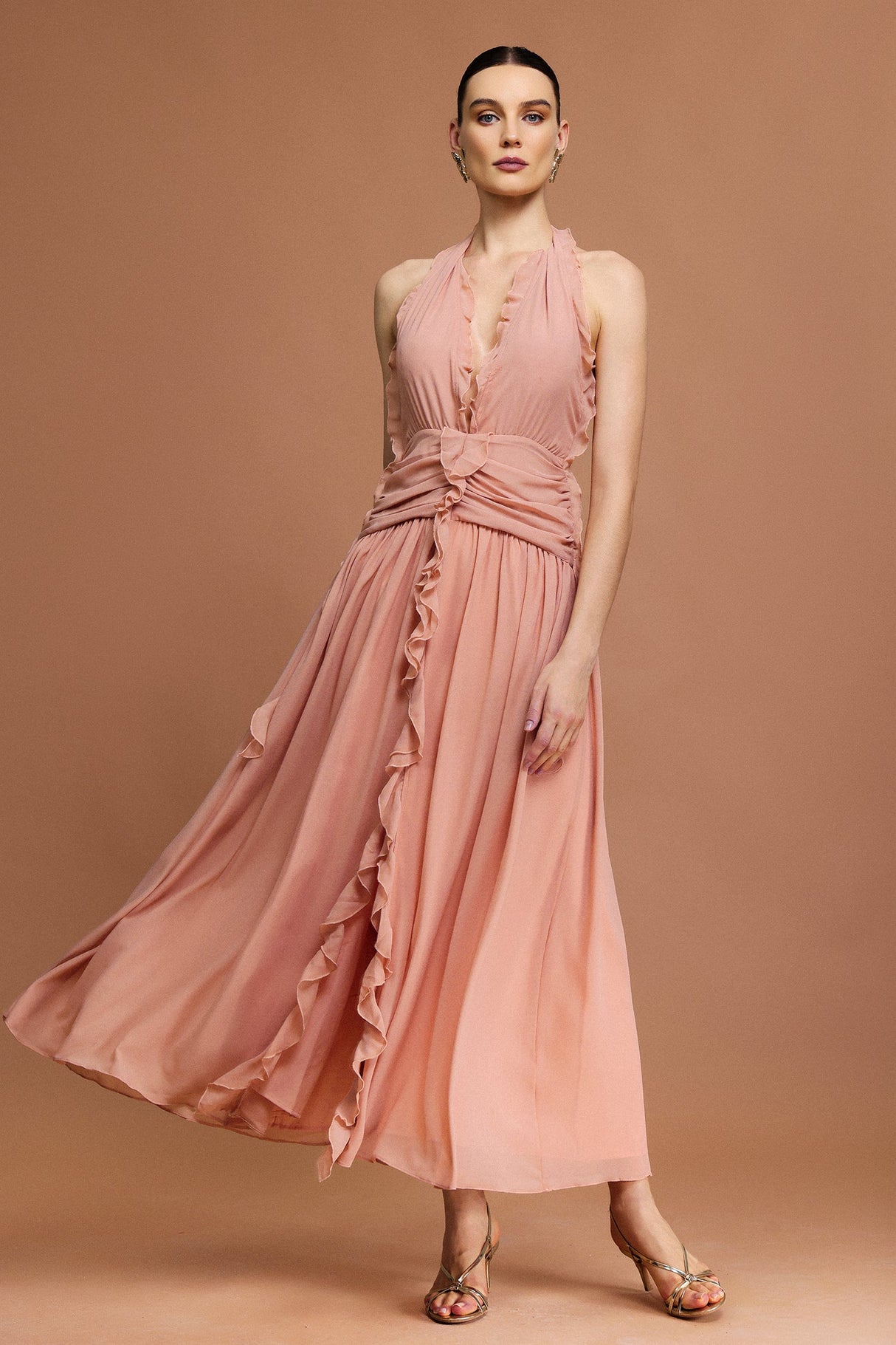 Taliyah Peach Fit and Flare Ruffle Detail Dress