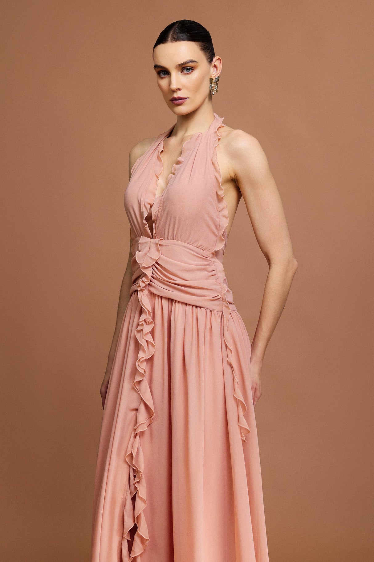 Taliyah Peach Fit and Flare Ruffle Detail Dress
