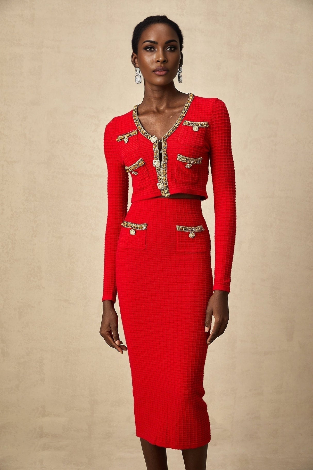 Tamara Cardigan & Skirt Tamara Red & Gold Crystal Sequin Embellished