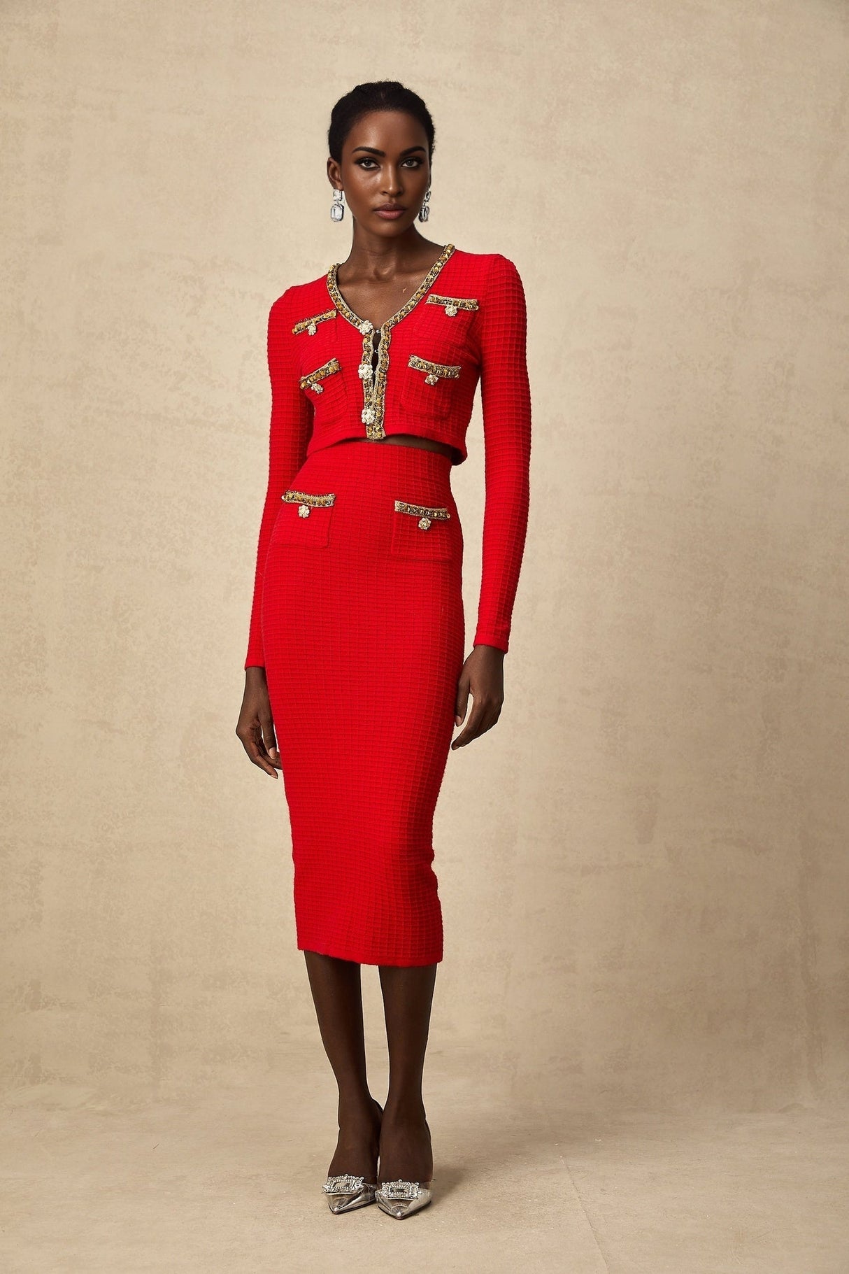 Tamara Cardigan & Skirt Tamara Red & Gold Crystal Sequin Embellished