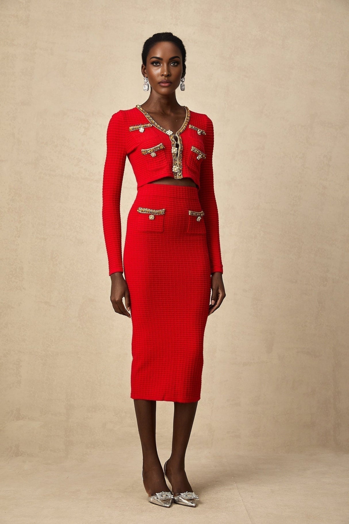 Tamara Cardigan & Skirt Tamara Red & Gold Crystal Sequin Embellished