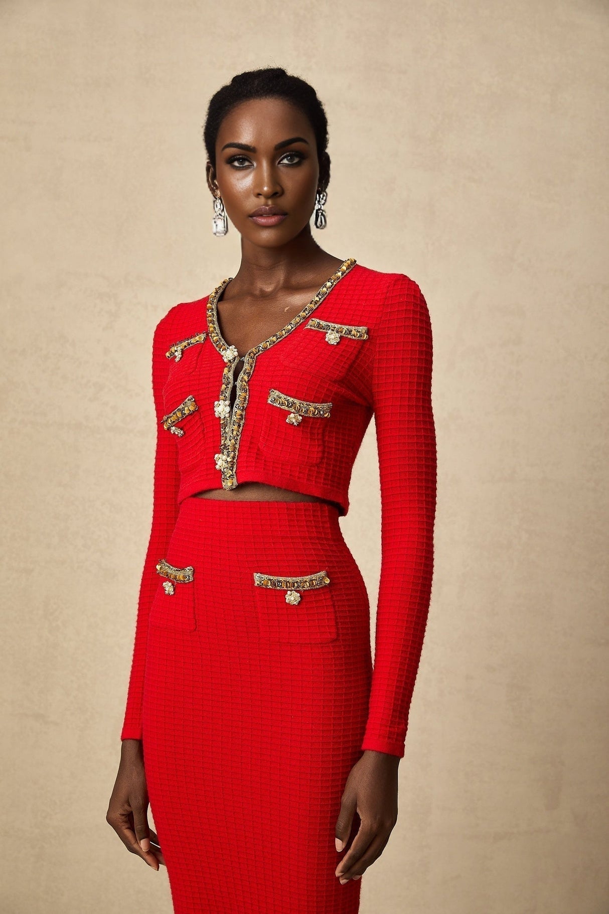 Tamara Cardigan & Skirt Tamara Red & Gold Crystal Sequin Embellished