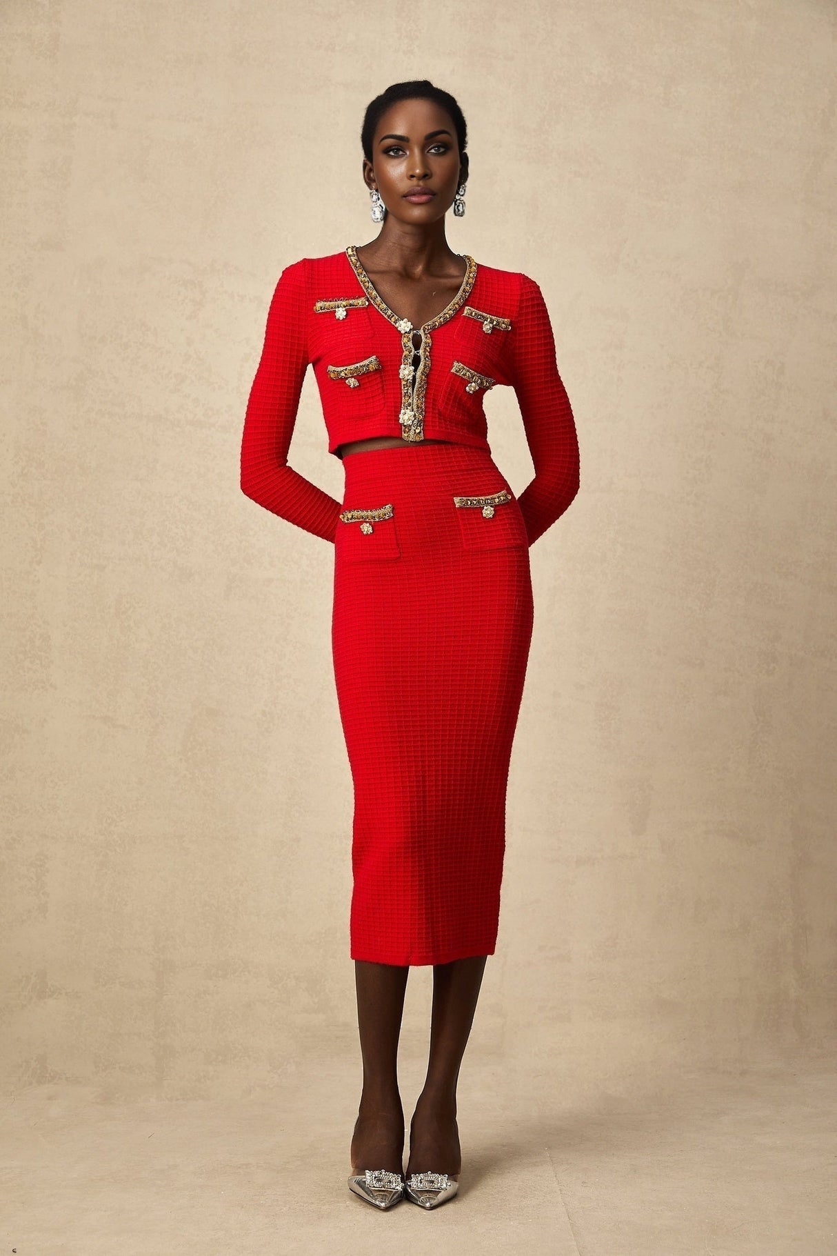 Tamara Cardigan & Skirt Tamara Red & Gold Crystal Sequin Embellished