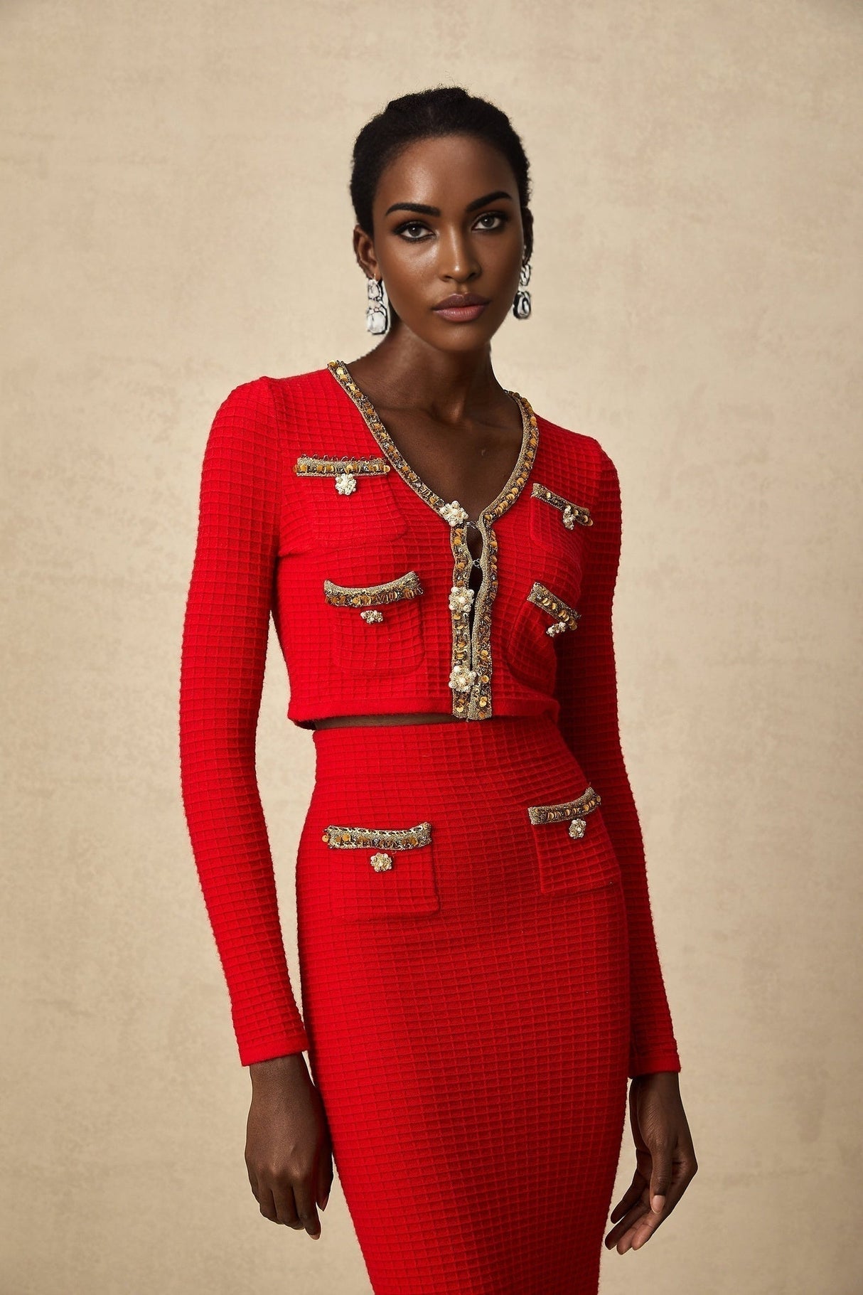 Tamara Cardigan & Skirt Tamara Red & Gold Crystal Sequin Embellished