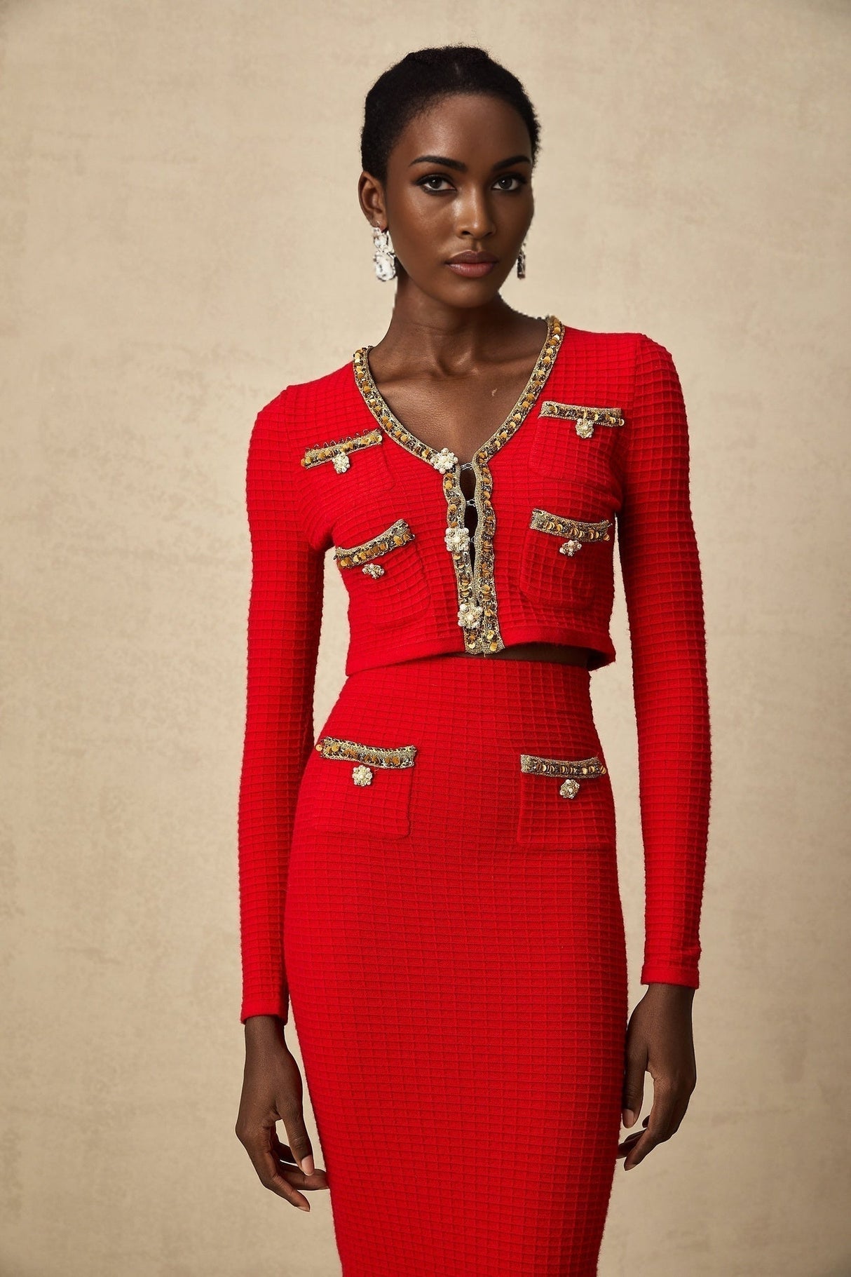 Tamara Cardigan & Skirt Tamara Red & Gold Crystal Sequin Embellished