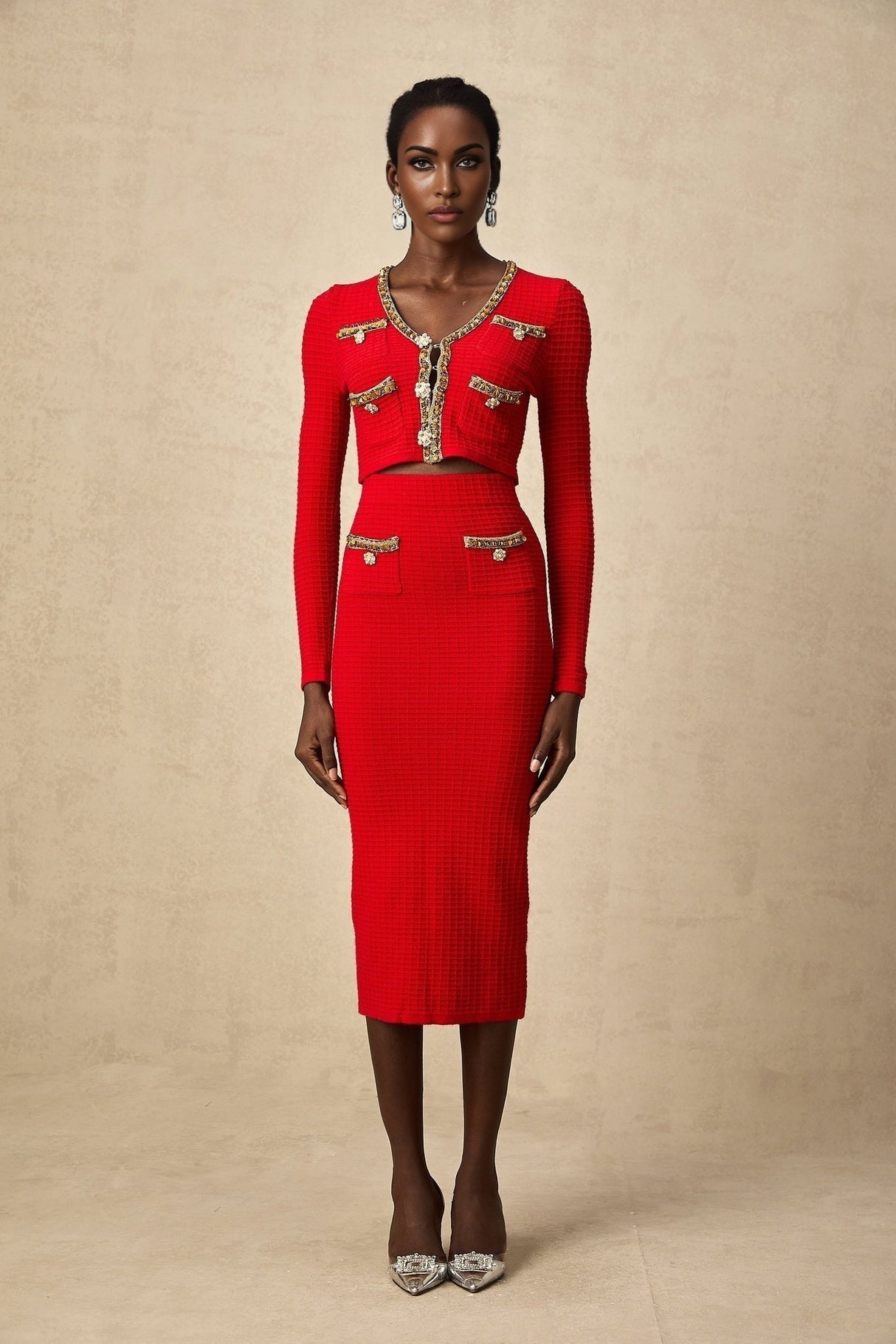 Tamara Cardigan & Skirt Tamara Red & Gold Crystal Sequin Embellished