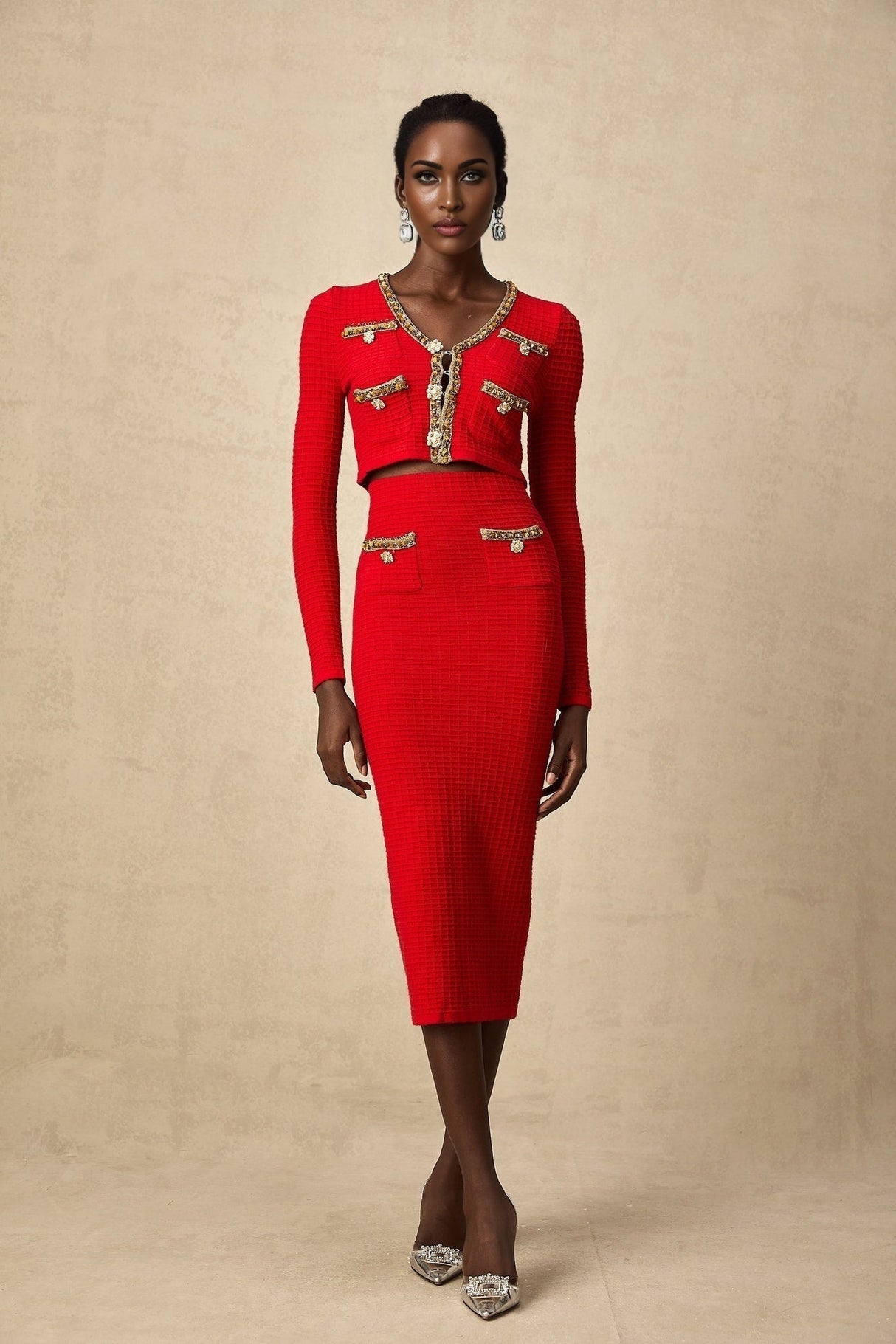 Tamara Cardigan & Skirt Tamara Red & Gold Crystal Sequin Embellished