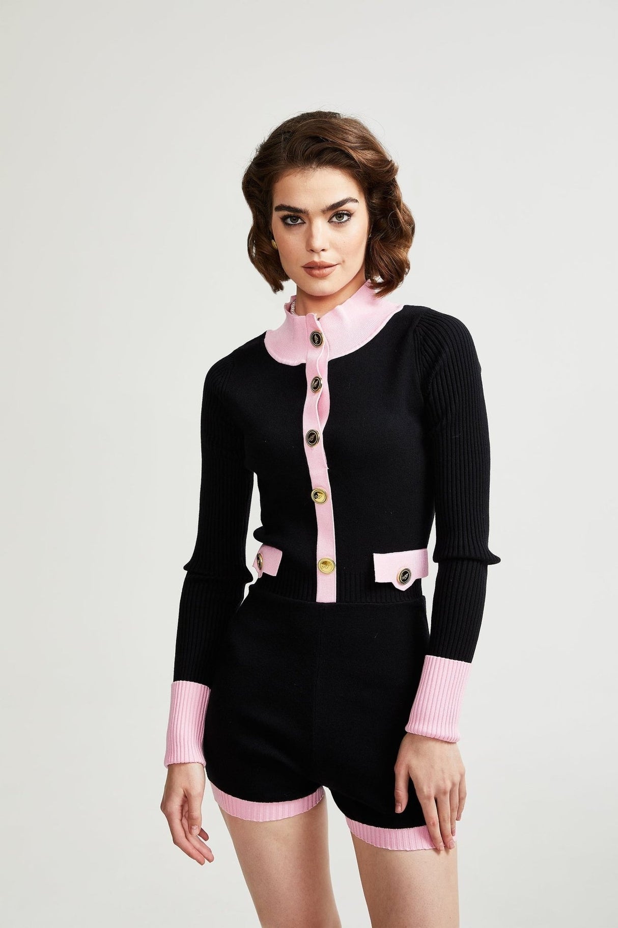 Tamara Knitted Bodysuit Black Pink Contrast Flap Pockets