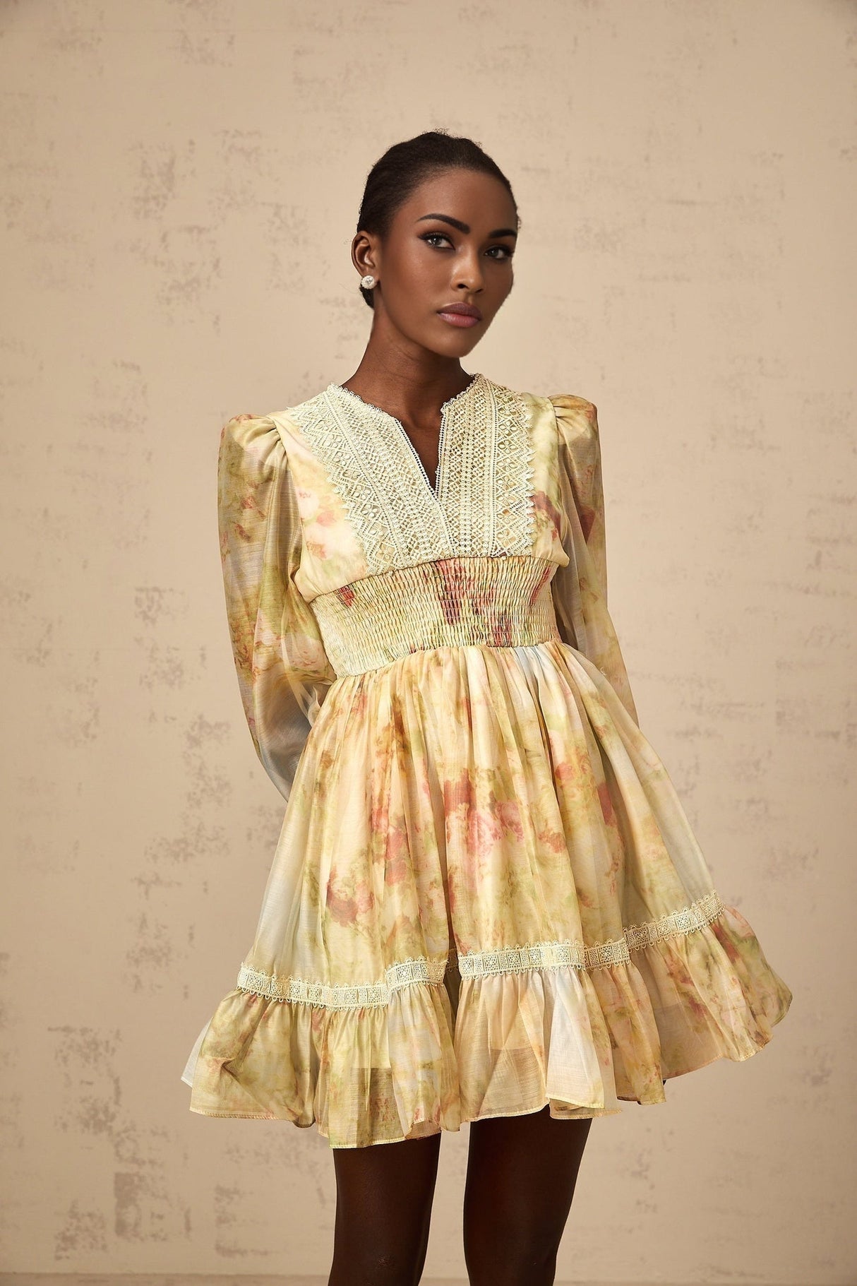 Tamara Mini Dress Yellow Floral Lace Flounce Pleats